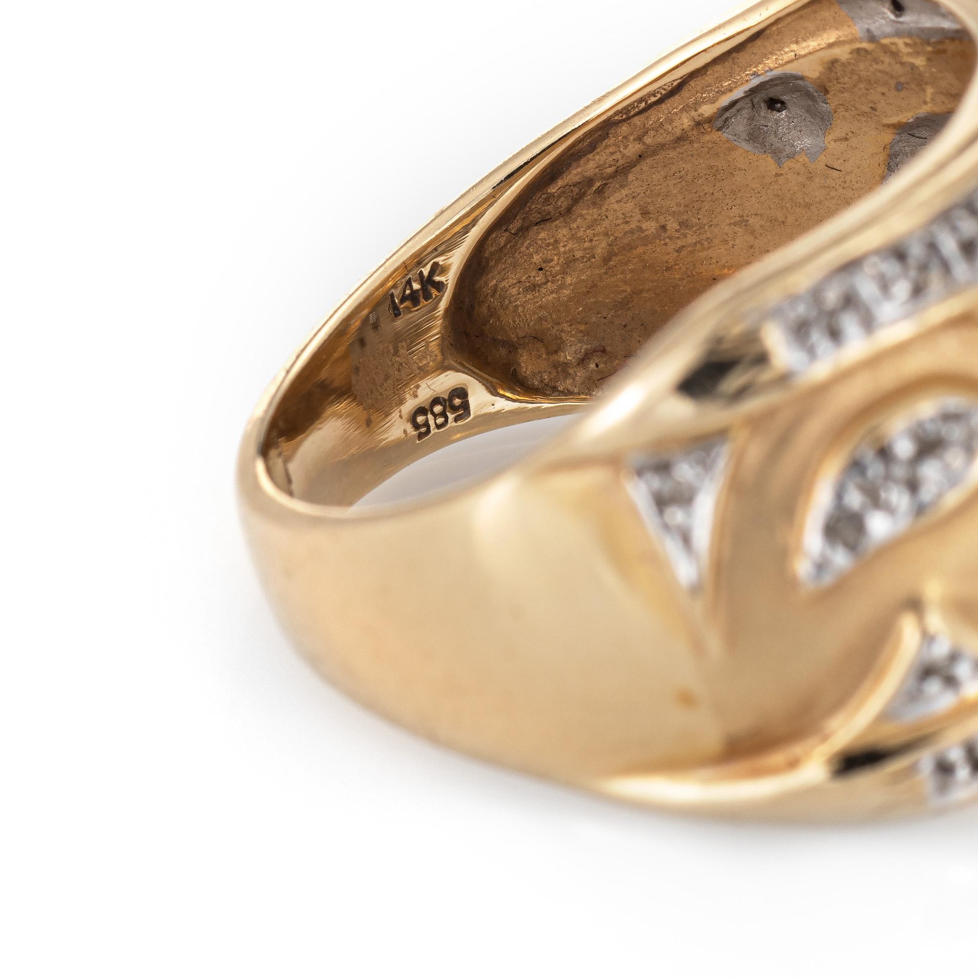 Round Cut Diamond Wide Band Cigar Ring Vintage 14 Karat Yellow Gold Wave Design Jewelry