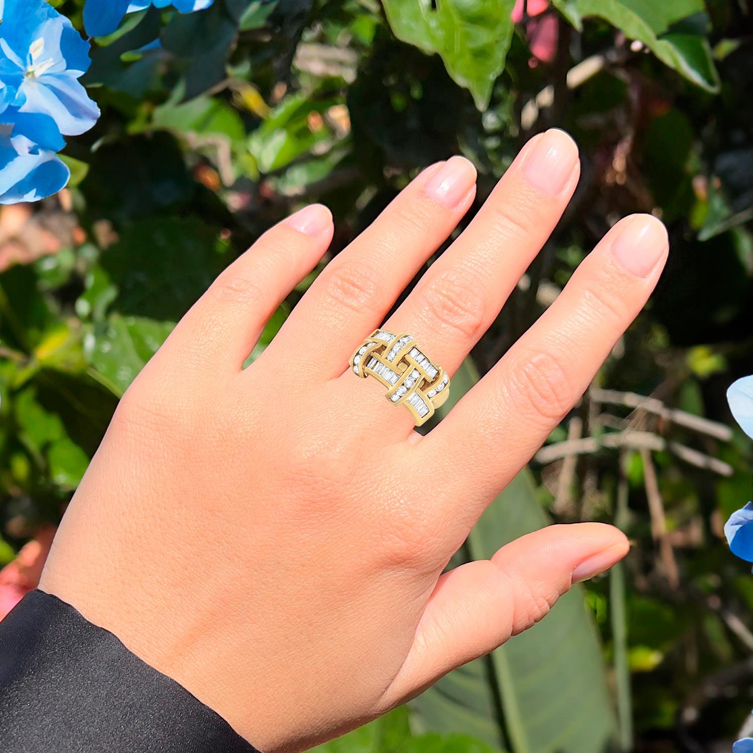 Baguette Cut Diamond Wide Cocktail Ring Baguette and Round Cut 1.68 Carats 14K Yellow Gold For Sale