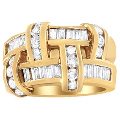 Diamond Wide Cocktail Ring Baguette and Round Cut 1.68 Carats 14K Yellow Gold