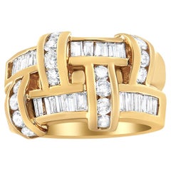 Diamond Wide Cocktail Ring Baguette and Round Cut 1.68 Carats 14K Yellow Gold