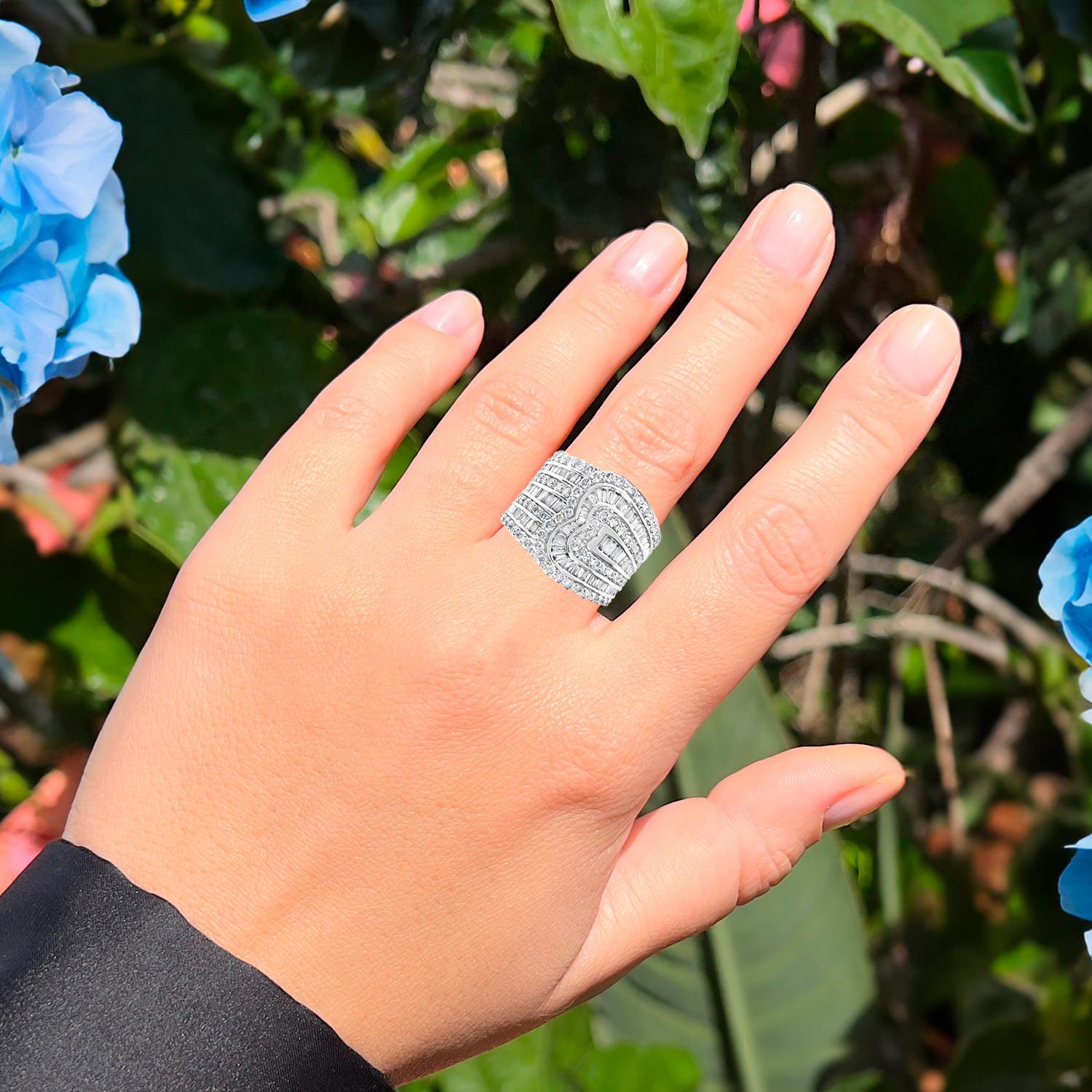 Contemporary Diamond Wide Cocktail Ring Baguette and Round Cut 2.55 Carats 10K White Gold For Sale