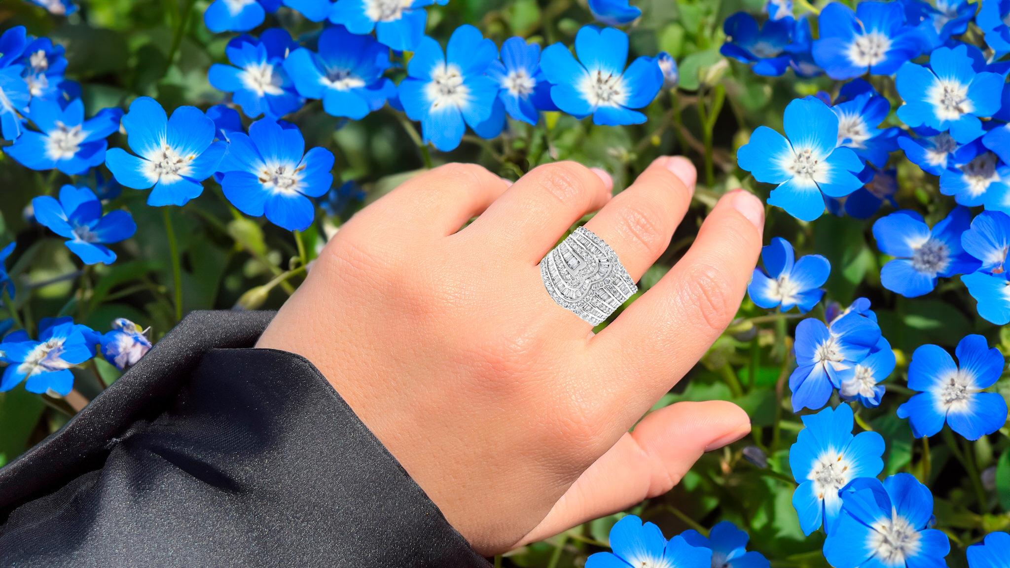 Baguette Cut Diamond Wide Cocktail Ring Baguette and Round Cut 2.55 Carats 10K White Gold For Sale