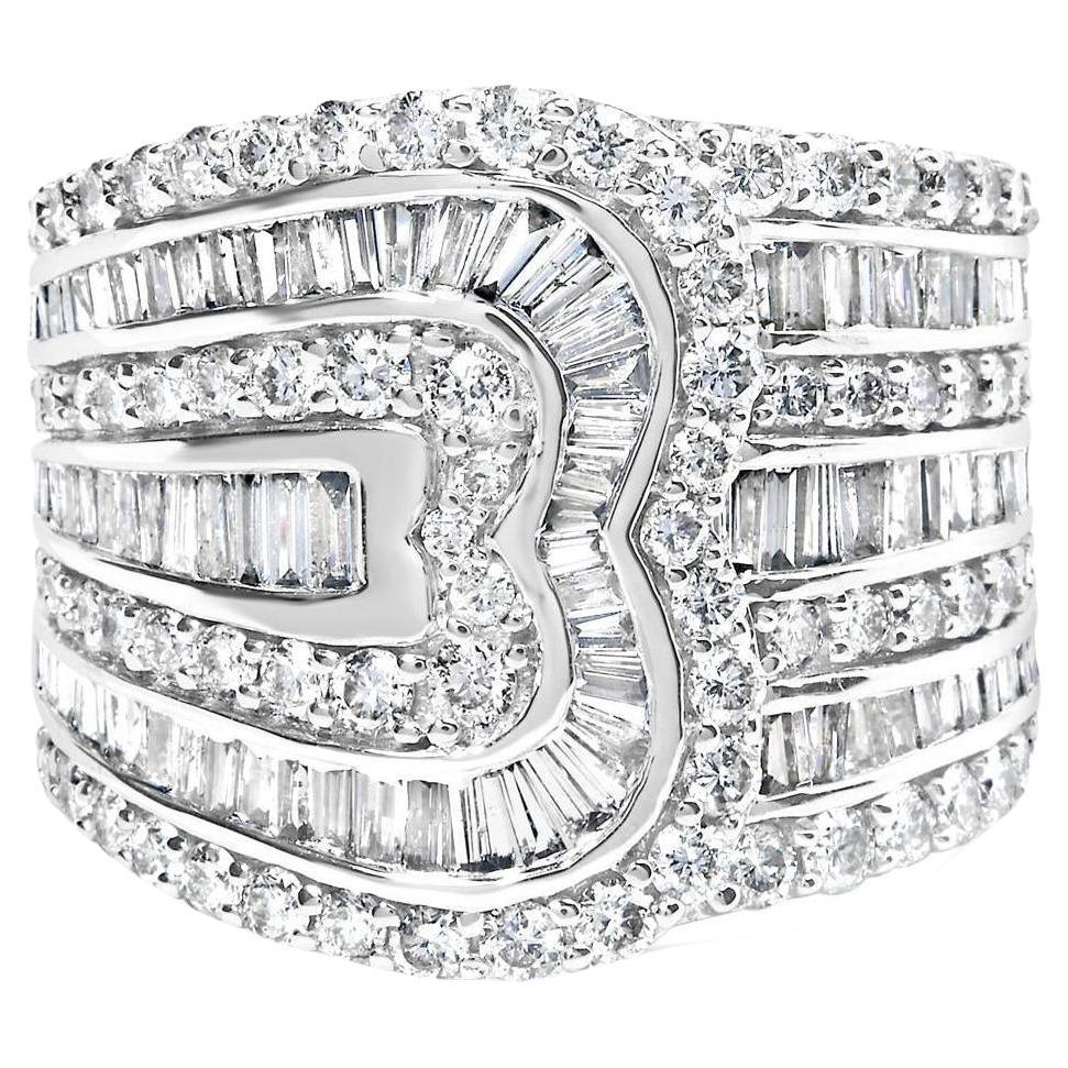 Diamond Wide Cocktail Ring Baguette and Round Cut 2.55 Carats 10K White Gold For Sale