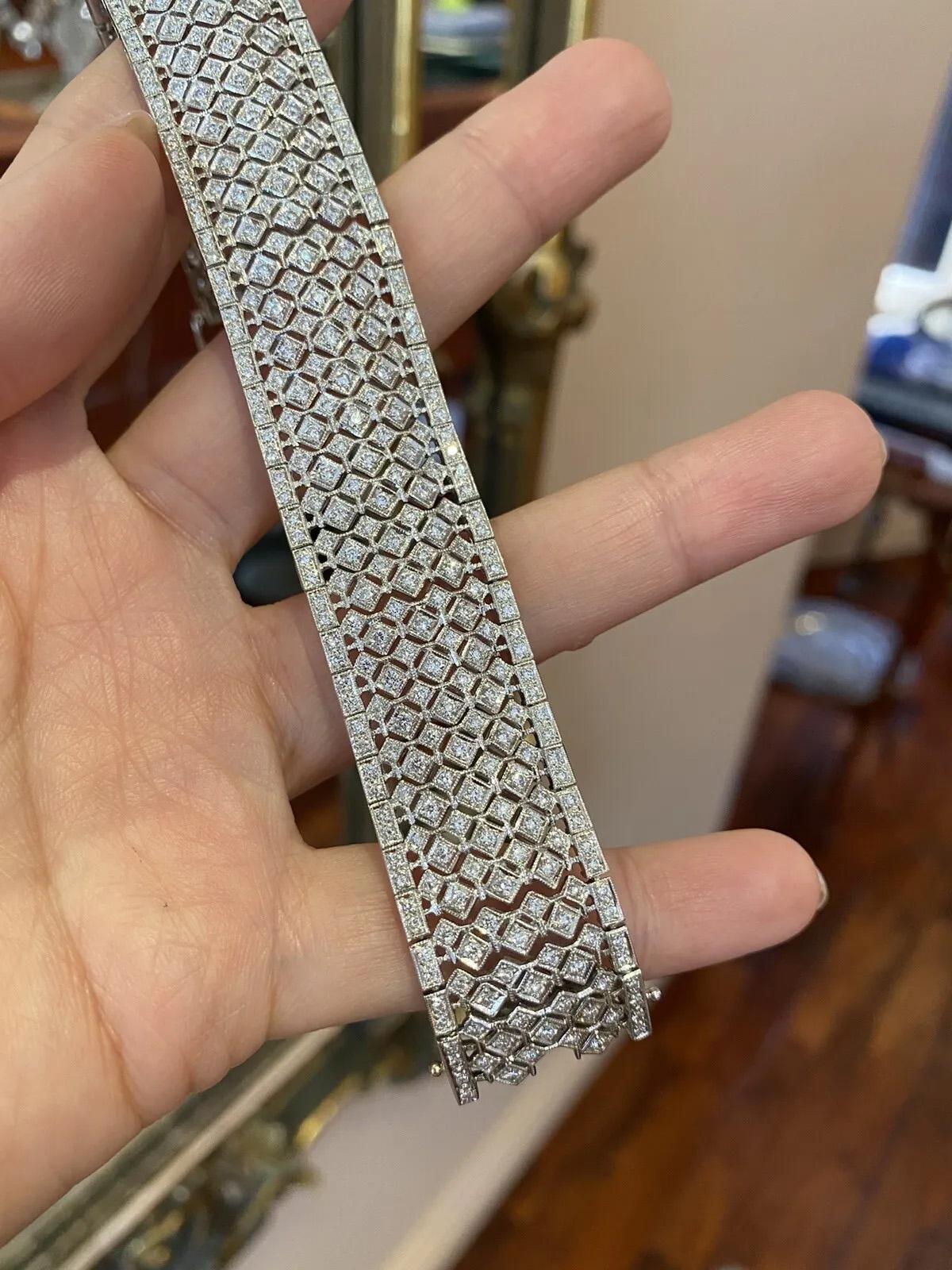 Art Deco Diamond Wide Filigree Bracelet with 7.00 Carat Total Weight in Platinum For Sale