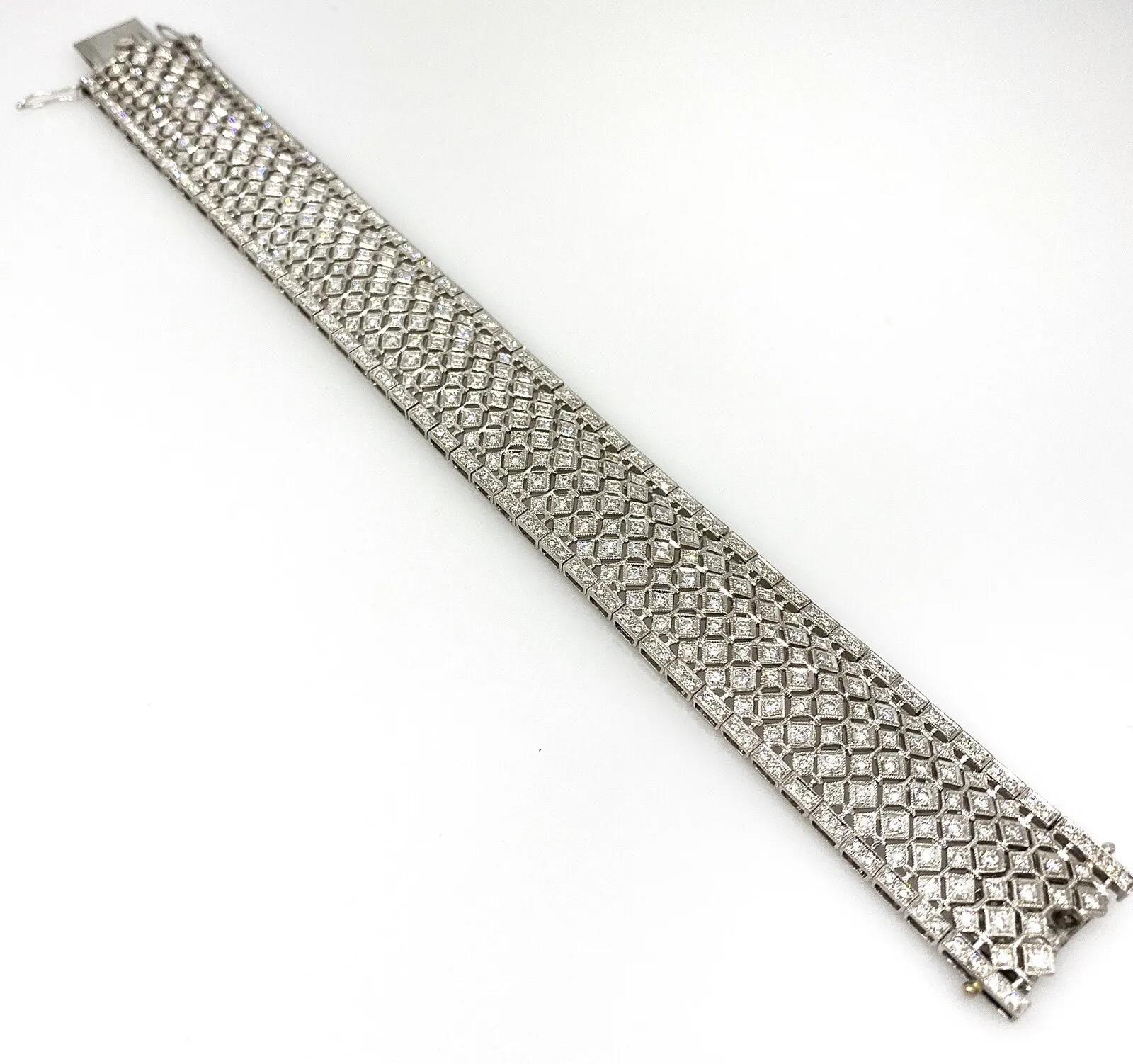 Round Cut Diamond Wide Filigree Bracelet with 7.00 Carat Total Weight in Platinum For Sale