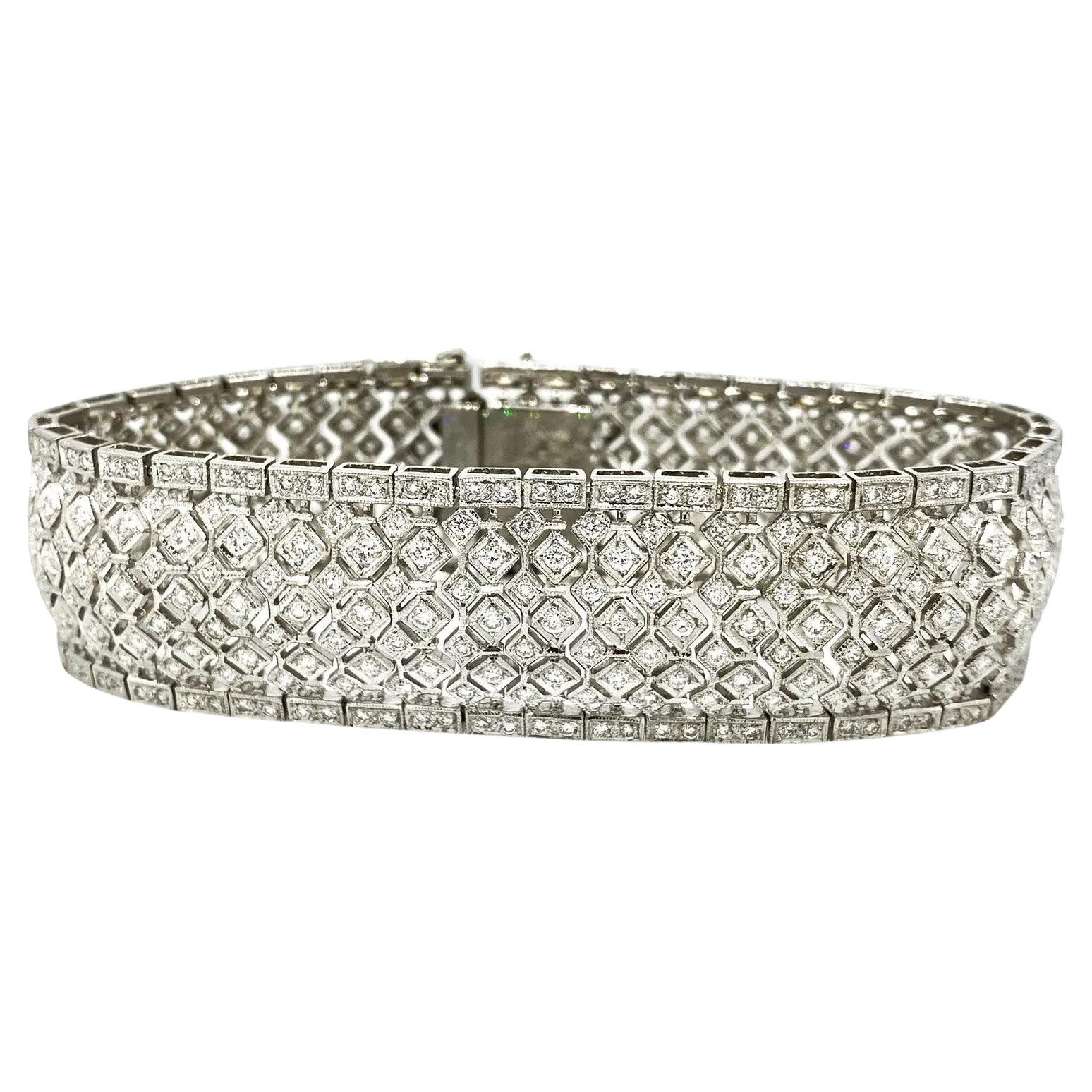 Diamond Wide Filigree Bracelet with 7.00 Carat Total Weight in Platinum For Sale