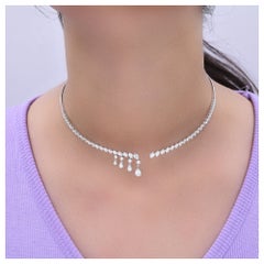 Diamond Wire Choker Necklace with Front Fringe Drops in 14K White Gold, 5.09 Ct