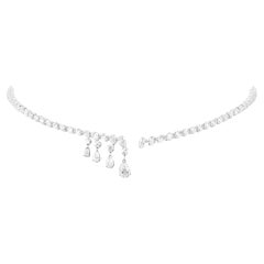 Diamond Wire Choker Necklace with Front Fringe Drops in 14K White Gold, 5.09 Ct