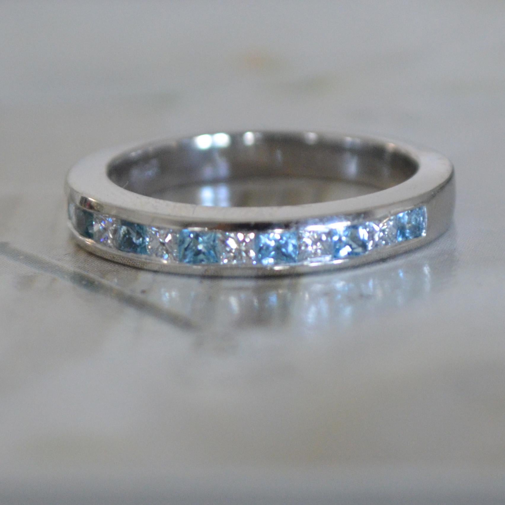 Ring Details:
 
Picture Shown is a Wedding Band Crafted of 18k White Gold set with diamonds and Aqua. We can make this with any other gemstone and eternity style if you like that better just let us know what you are looking for and we will get back