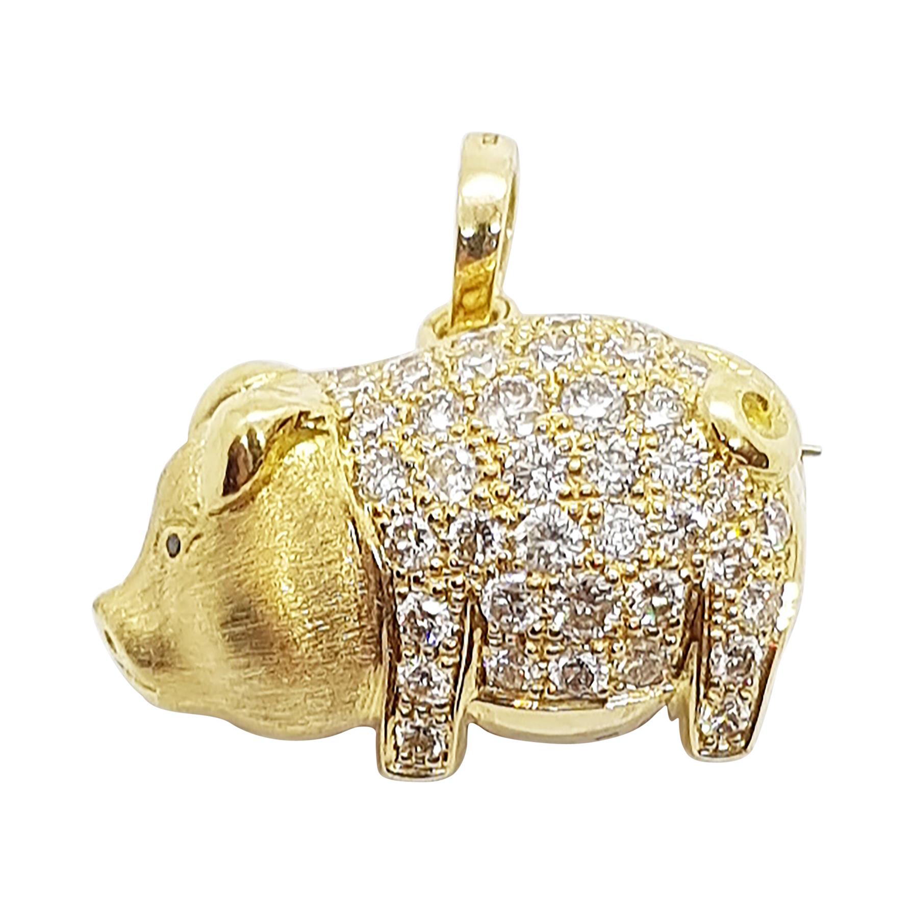 Broche/pendentif en forme de porc en or 18 carats sertie de diamants noirs et de diamants