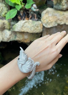 Diamond with Black Sapphire Elephant Bangle set in 18K White Gold