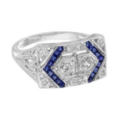 Diamond with Blue Sapphire Art Deco Style Two Stone Ring in 14K White Gold