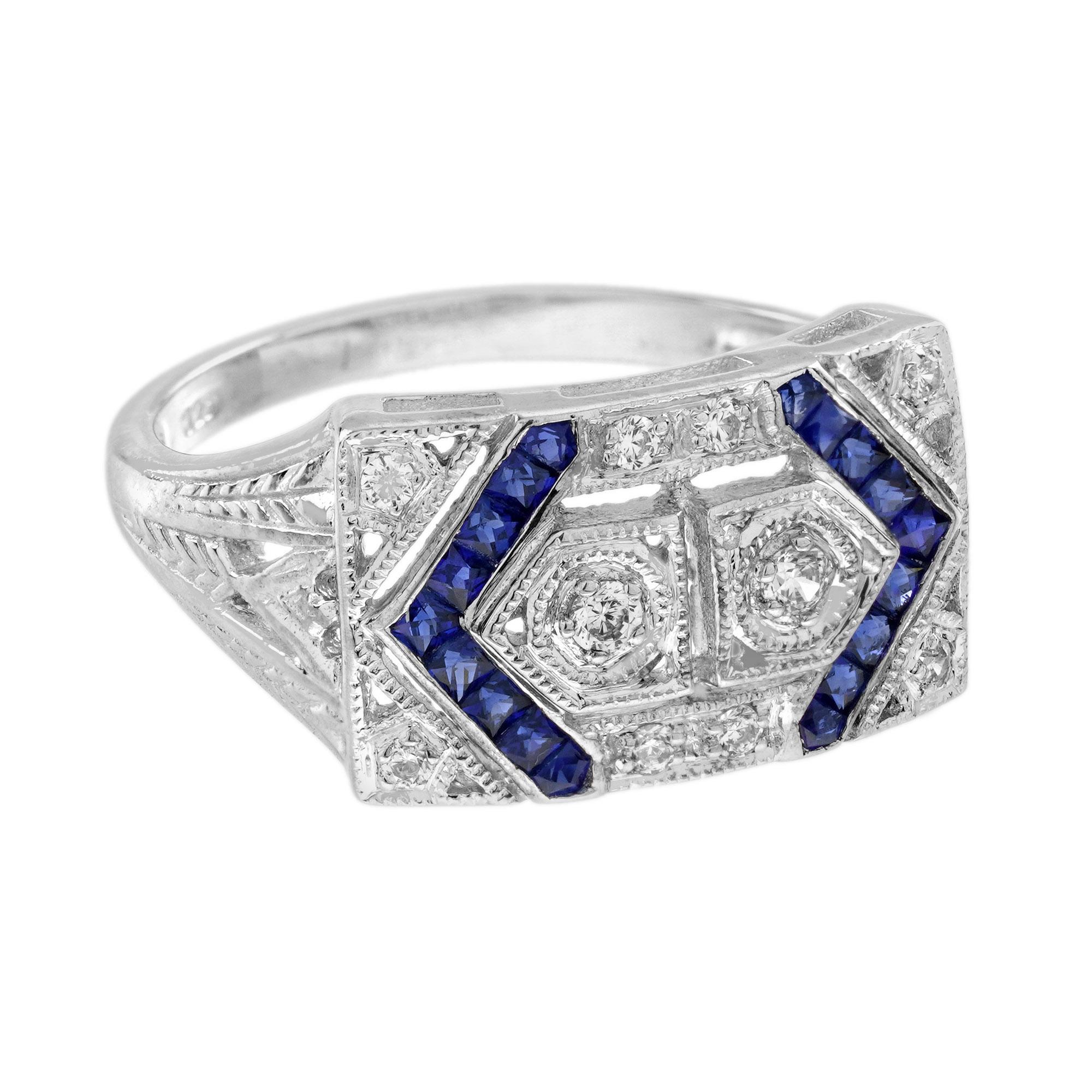 Round Cut Diamond with Blue Sapphire Art Deco Style Two Stone Ring in 14K White Gold For Sale