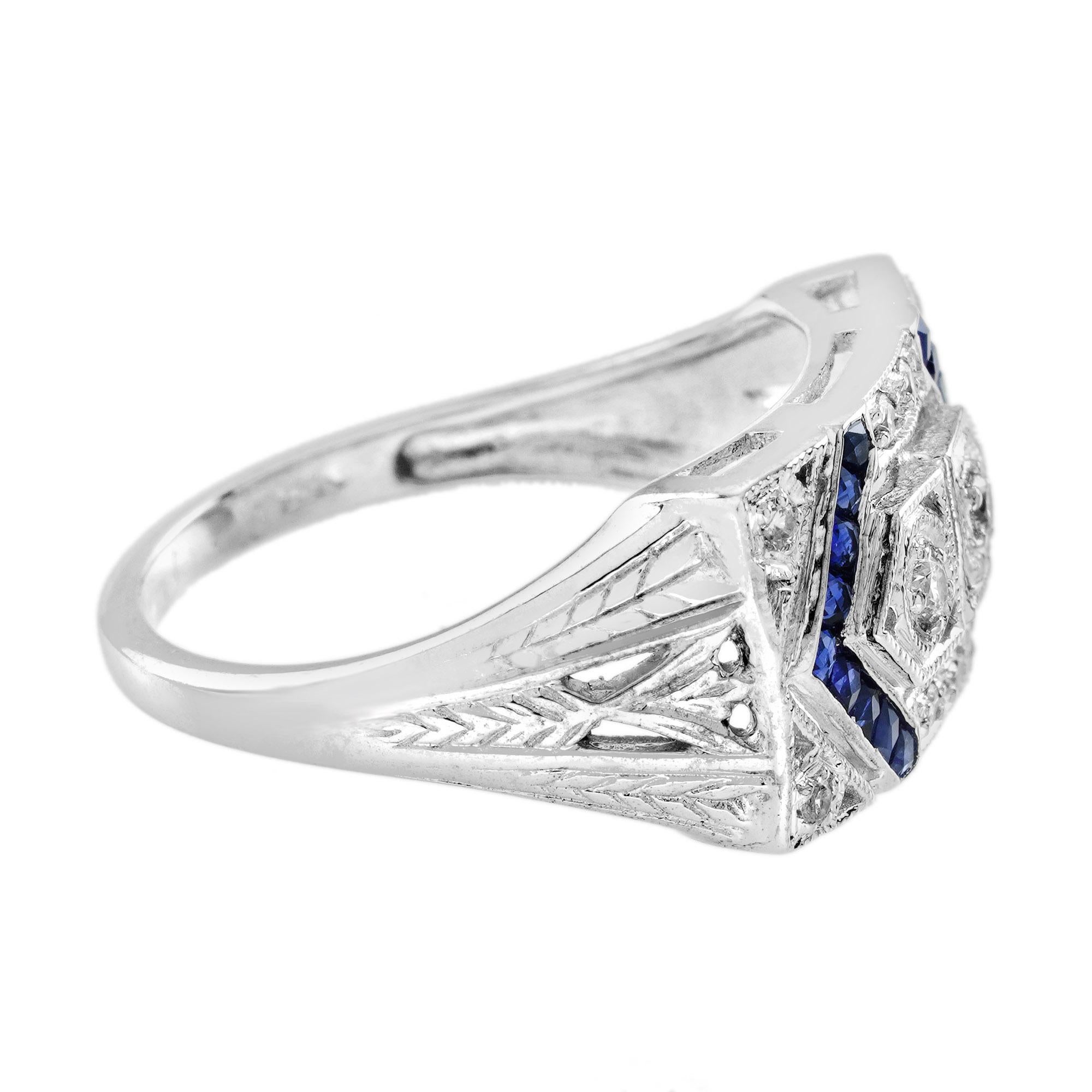 Diamond with Blue Sapphire Art Deco Style Two Stone Ring in 14K White Gold In New Condition For Sale In Bangkok, TH