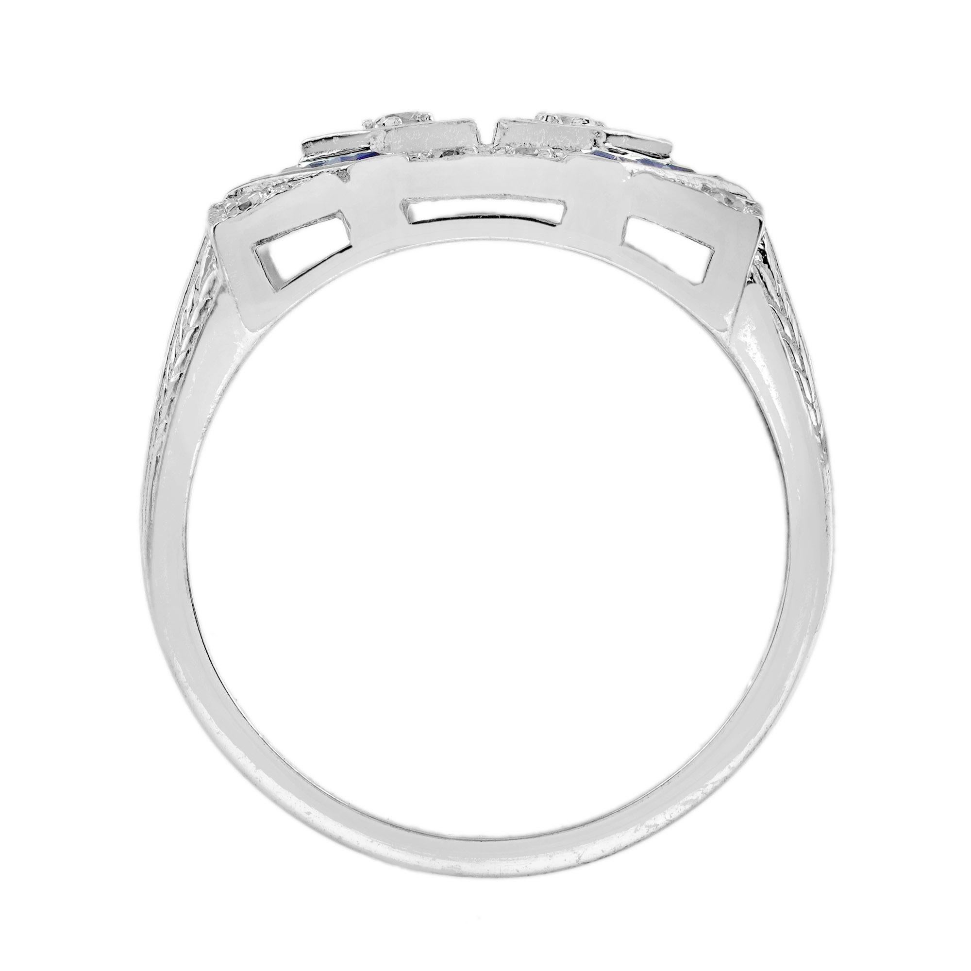 Diamond with Blue Sapphire Art Deco Style Two Stone Ring in 14K White Gold For Sale 1