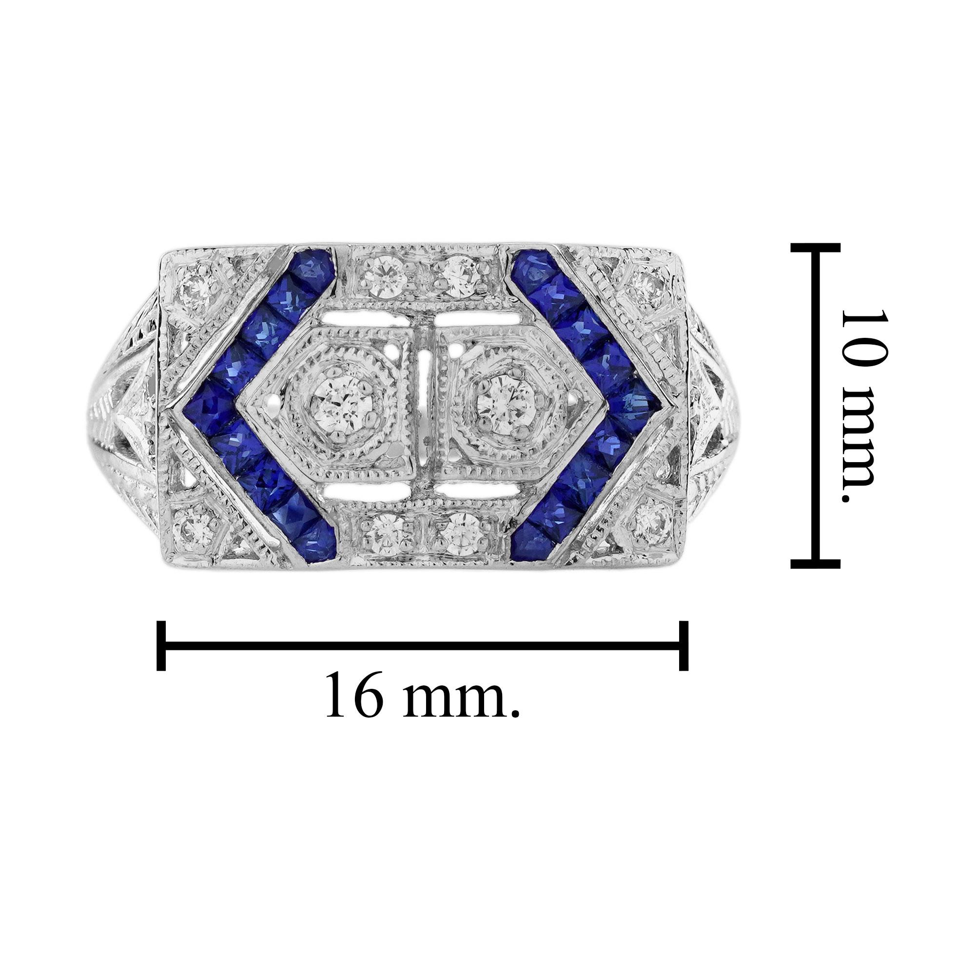 Diamond with Blue Sapphire Art Deco Style Two Stone Ring in 14K White Gold For Sale 2