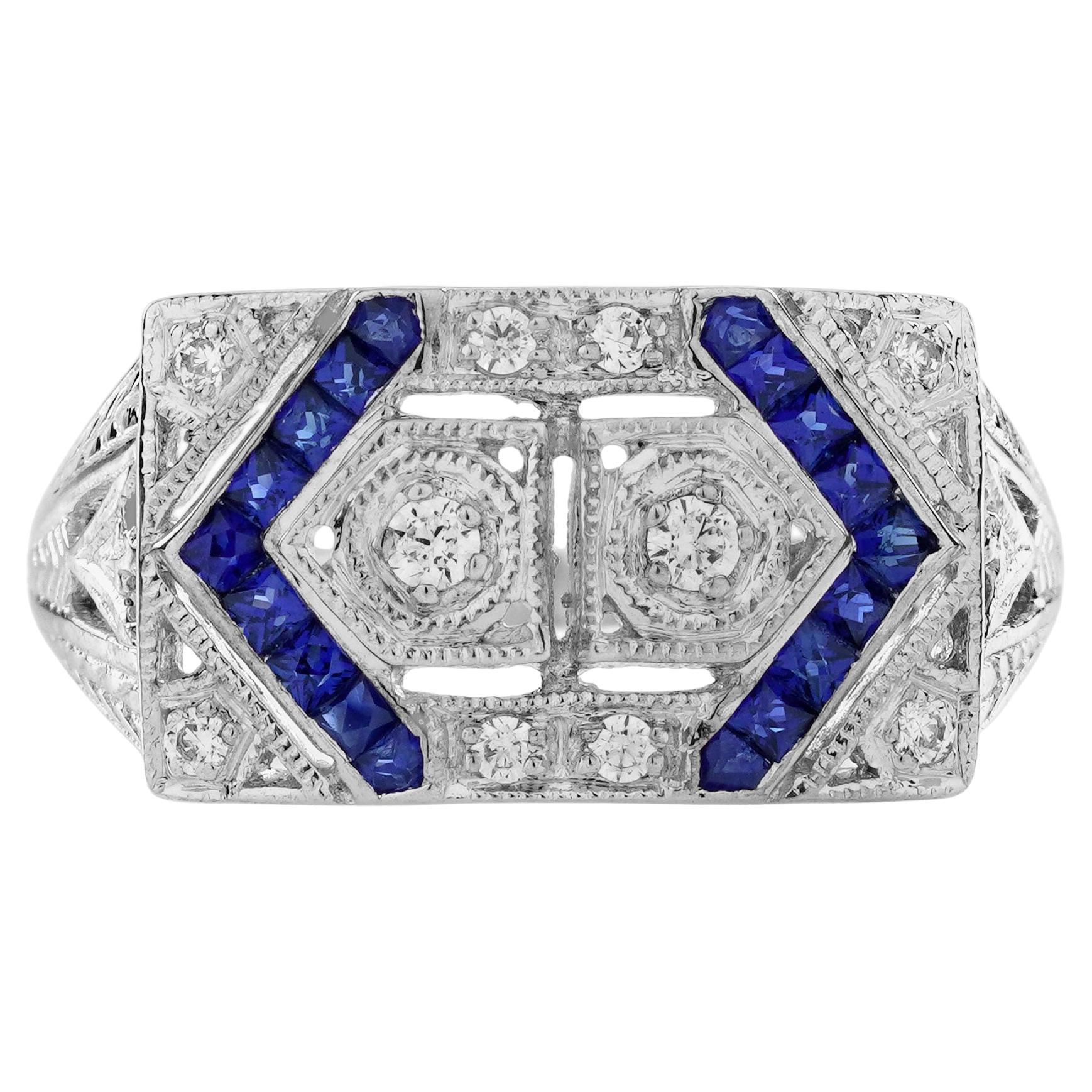 Diamond with Blue Sapphire Art Deco Style Two Stone Ring in 14K White Gold For Sale