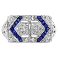 Diamond with Blue Sapphire Art Deco Style Two Stone Ring in 14K White Gold