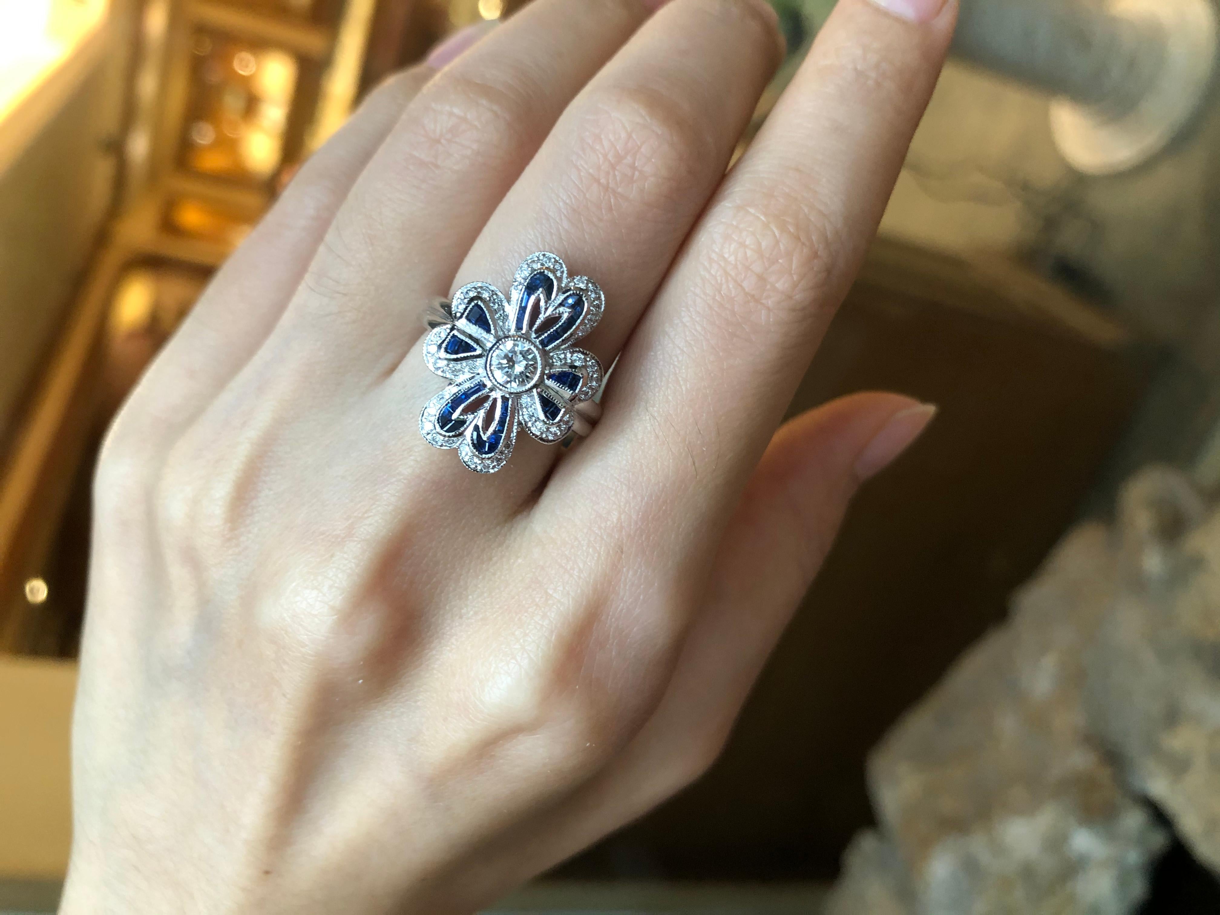 Ring mit Diamant und blauem Saphir aus 18 Karat Weißgold in Fassung im Angebot 1