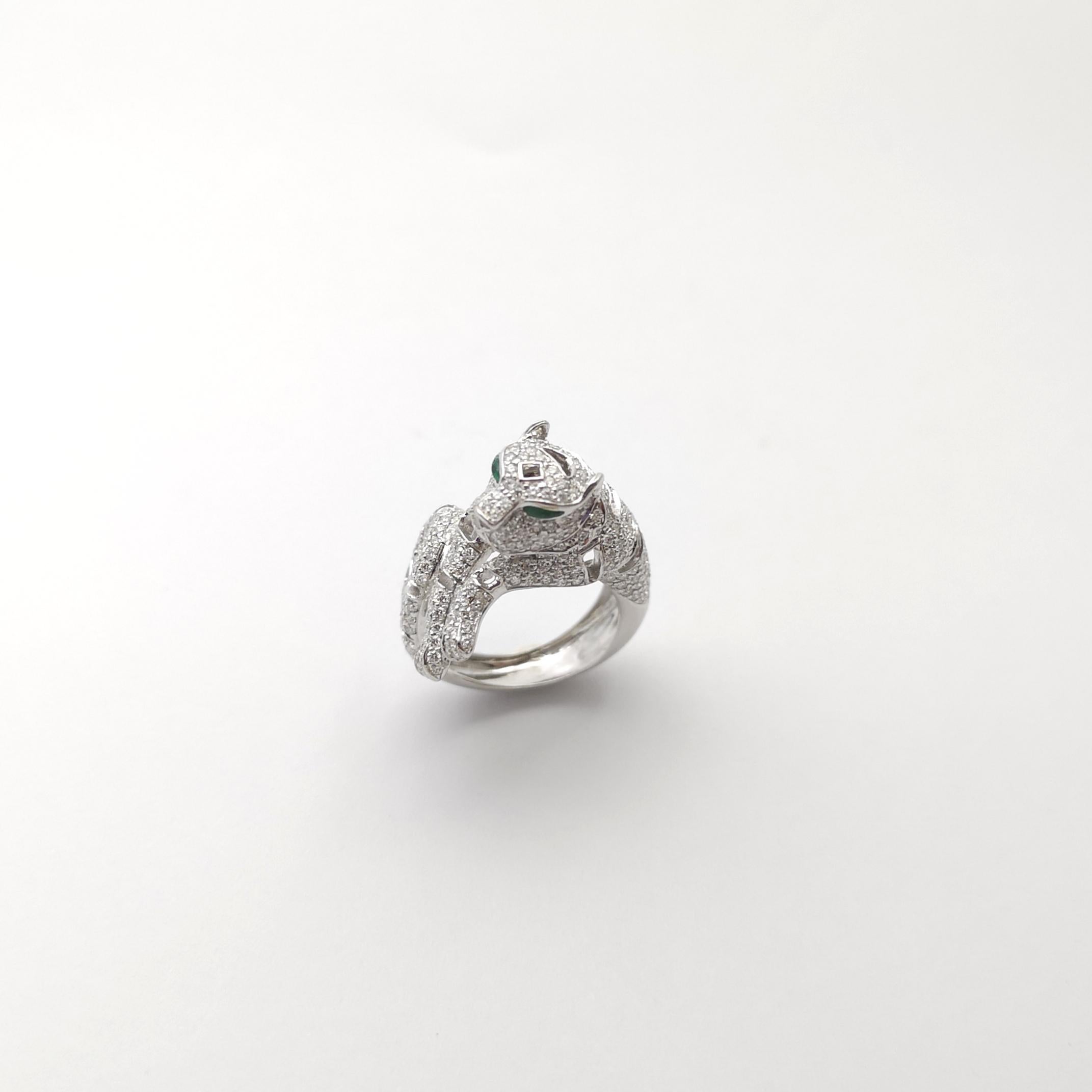 Diamant mit Cabochon Smaragd Panther Ring in 18K Weißgold gefasst für Damen oder Herren im Angebot