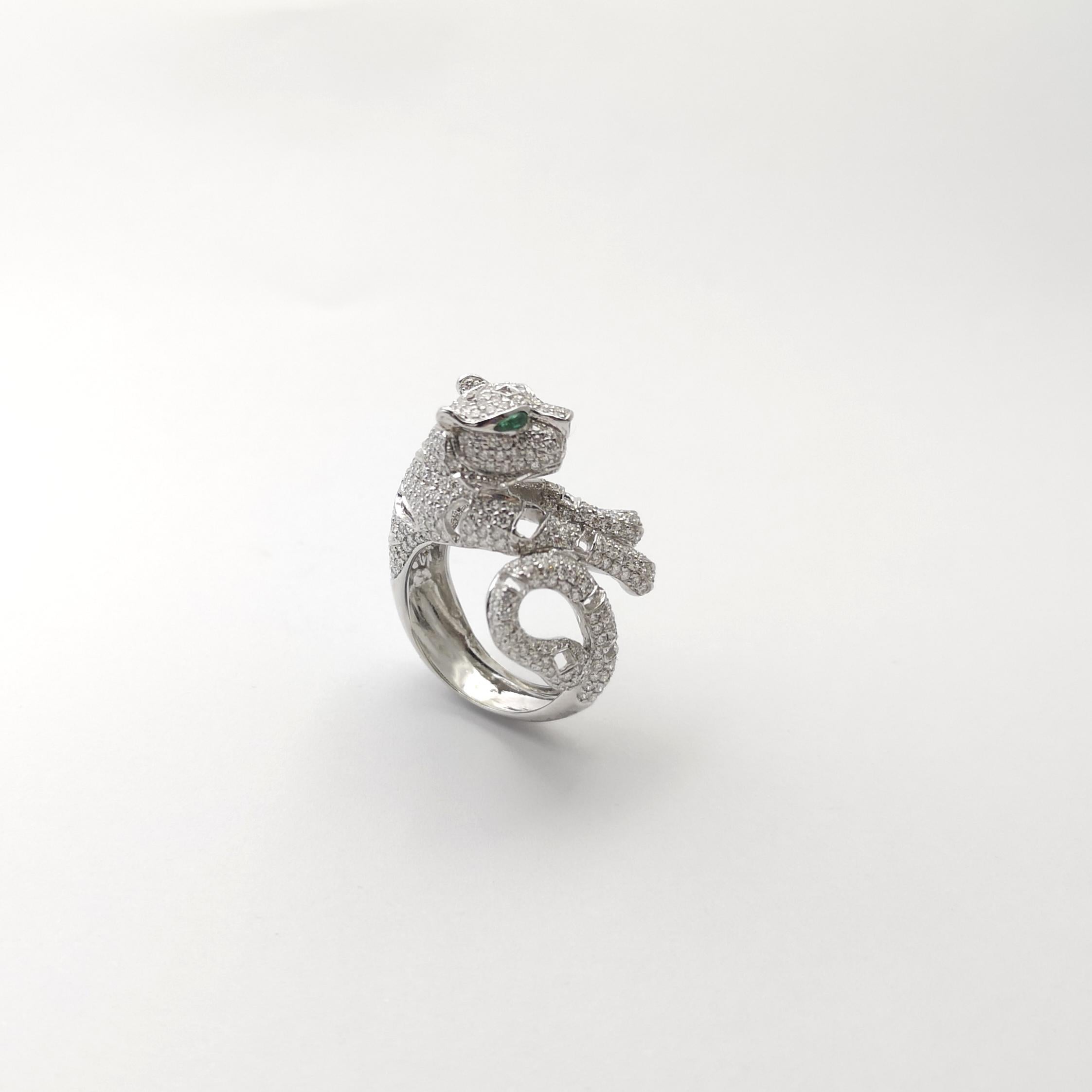 Diamant mit Cabochon Smaragd Panther Ring in 18K Weißgold gefasst im Angebot 3