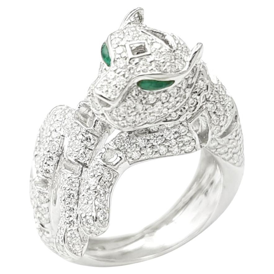 Diamant mit Cabochon Smaragd Panther Ring in 18K Weißgold gefasst im Angebot