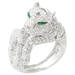 Diamond with Cabochon Emerald Panther Ring set in 18K White Gold Settings