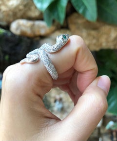 Diamond with Cabochon Emerald Snake Ring Set in 18 Karat White Gold Settings