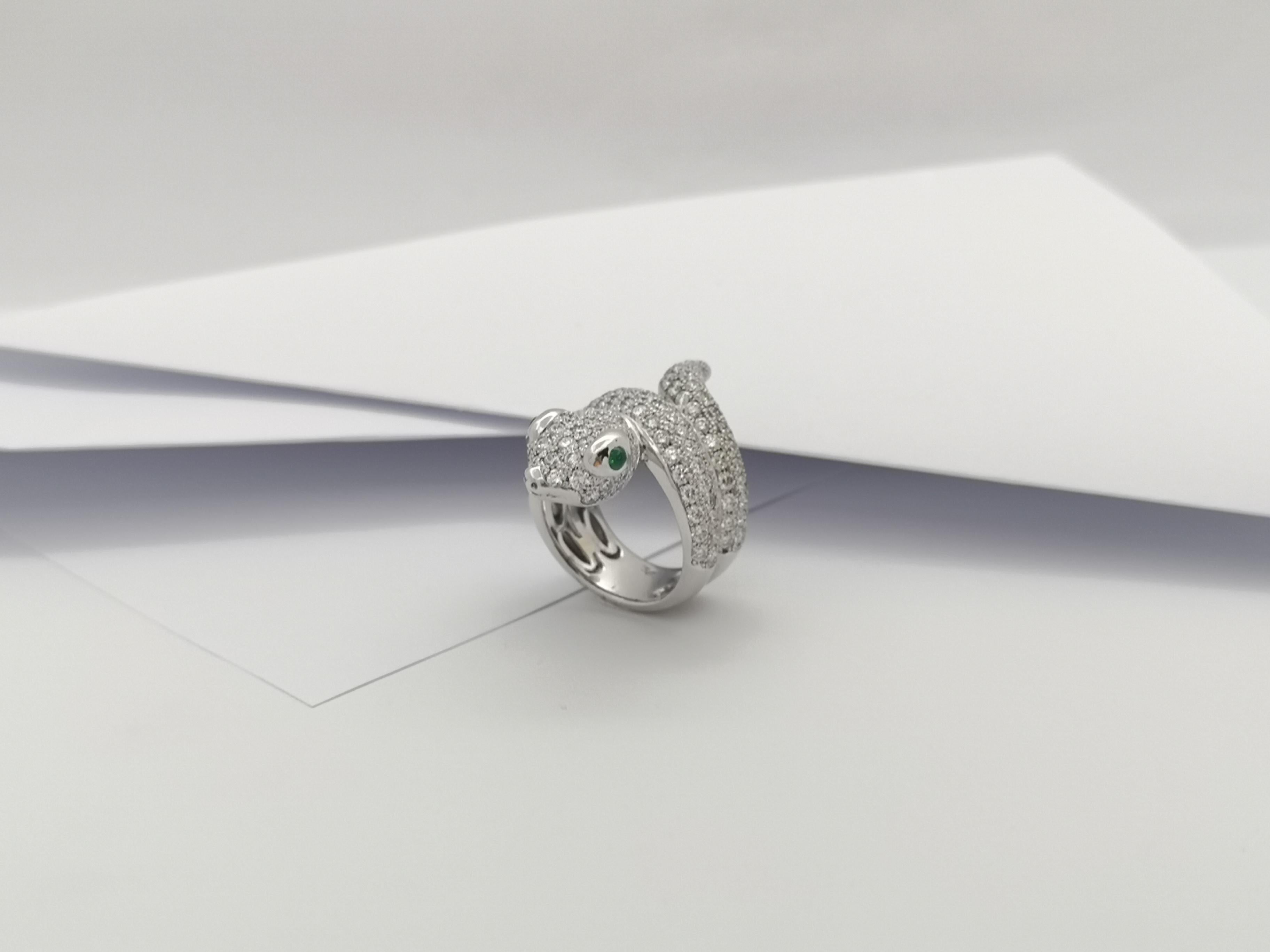 Diamond with Cabochon Emerald Snake Ring set in 18K White Gold Settings For Sale 4