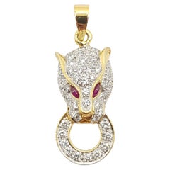 Diamond with Cabochon Ruby Panther Pendant Set in 18 Karat Gold Settings