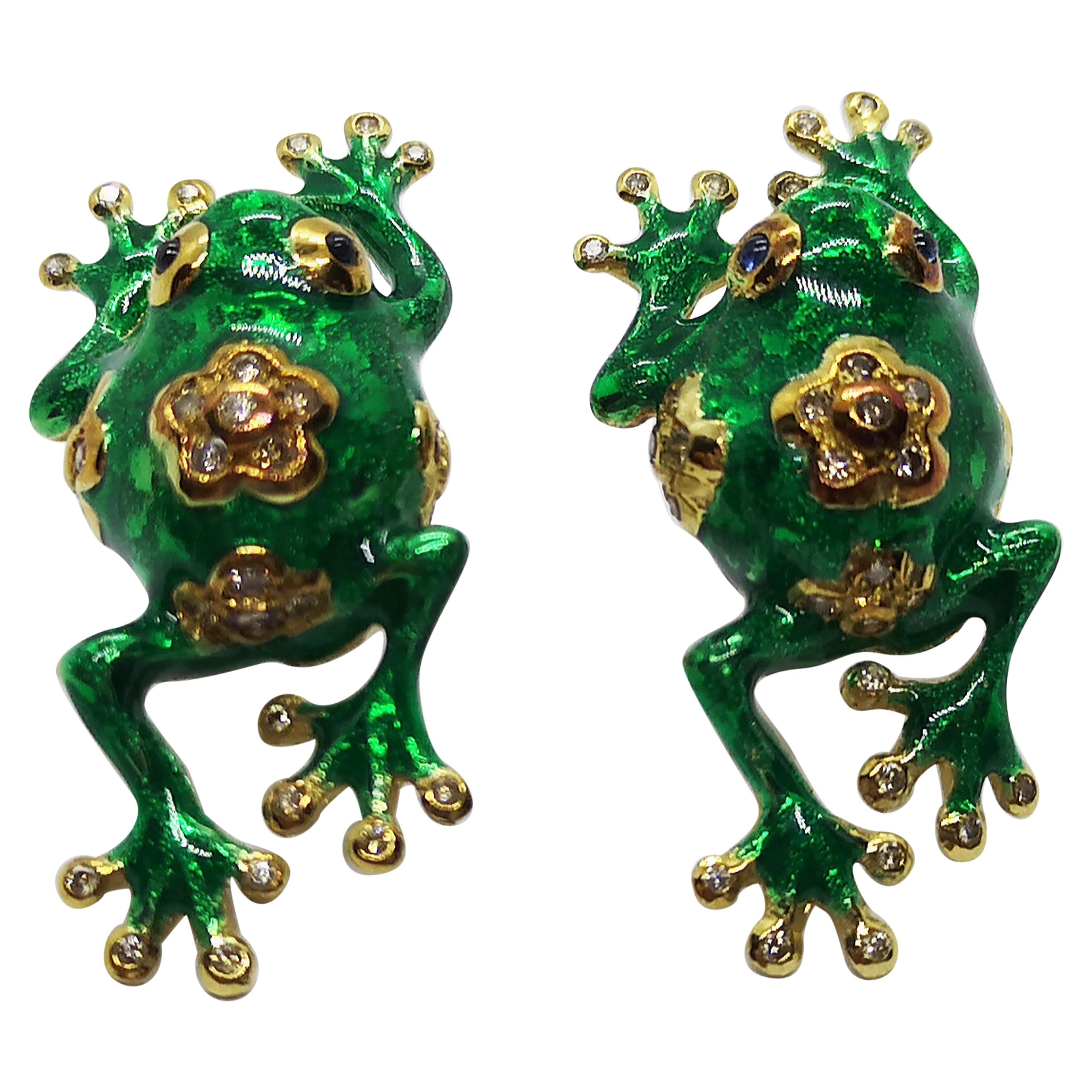 Diamond with Cabuchon Blue Sapphire Frog Earrings Set in 18 Karat Gold Settings