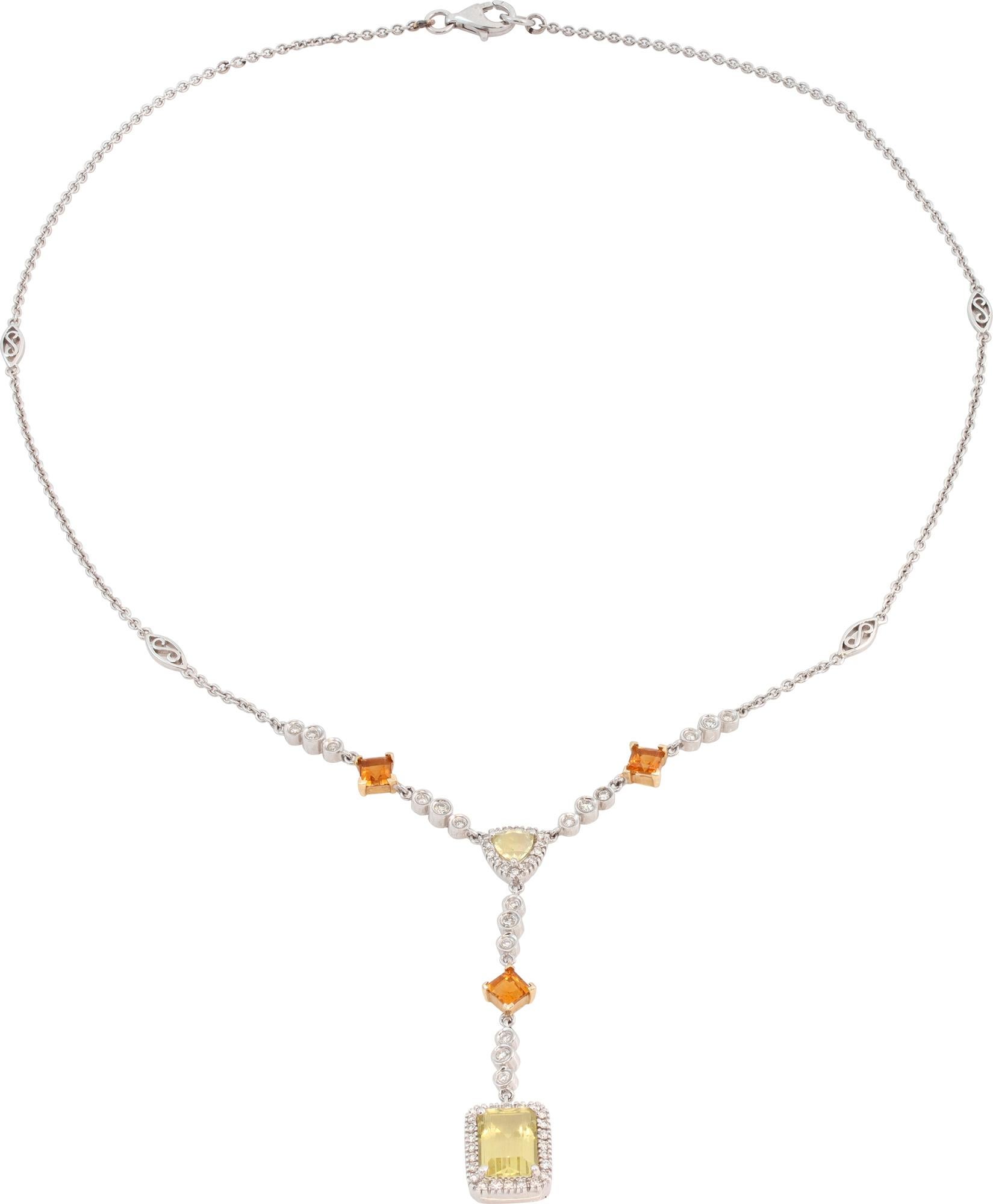 Diamond with Citrine, Golden Topaz White Gold Drop Necklace In Excellent Condition In Surfside, FL