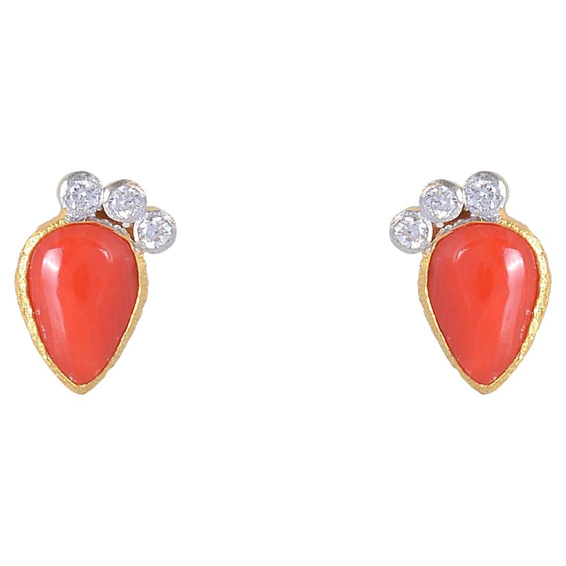 18k gold 0.10cts Diamond with 1.07cts Coral Earring 