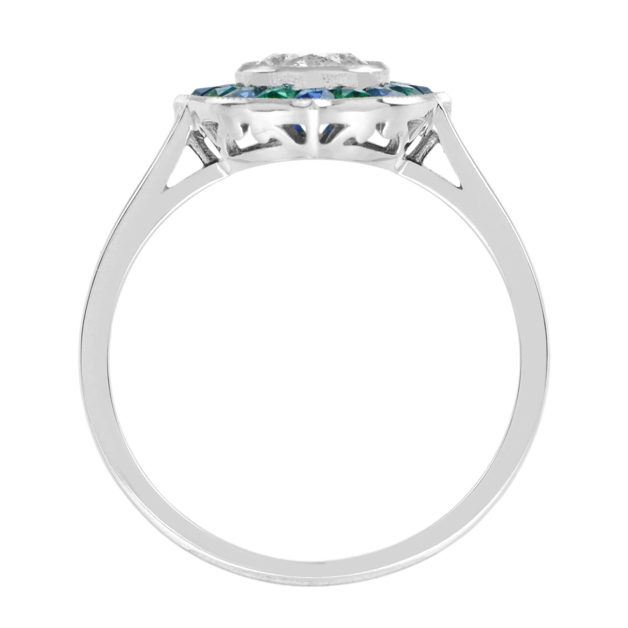 Round Cut Diamond with Emerald and Sapphire Art Deco Style Engagement Ring in 14K Gold For Sale