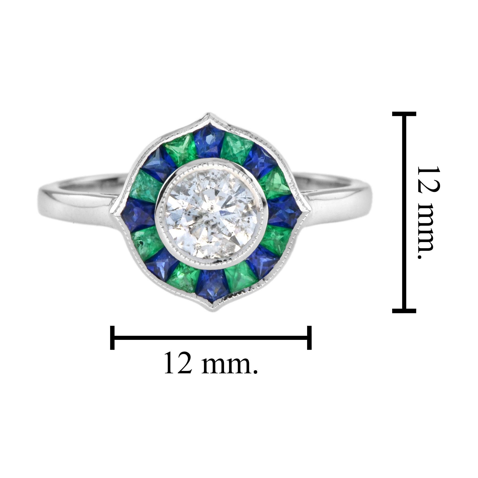 Diamond with Emerald and Sapphire Art Deco Style Engagement Ring in 14K Gold In New Condition For Sale In Bangkok, TH