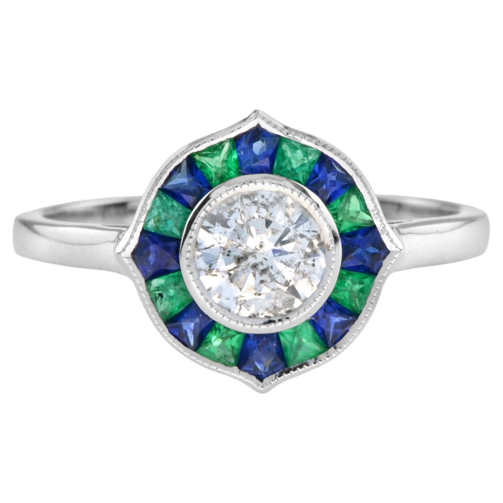 Diamond with Emerald and Sapphire Art Deco Style Engagement Ring in 14K Gold For Sale