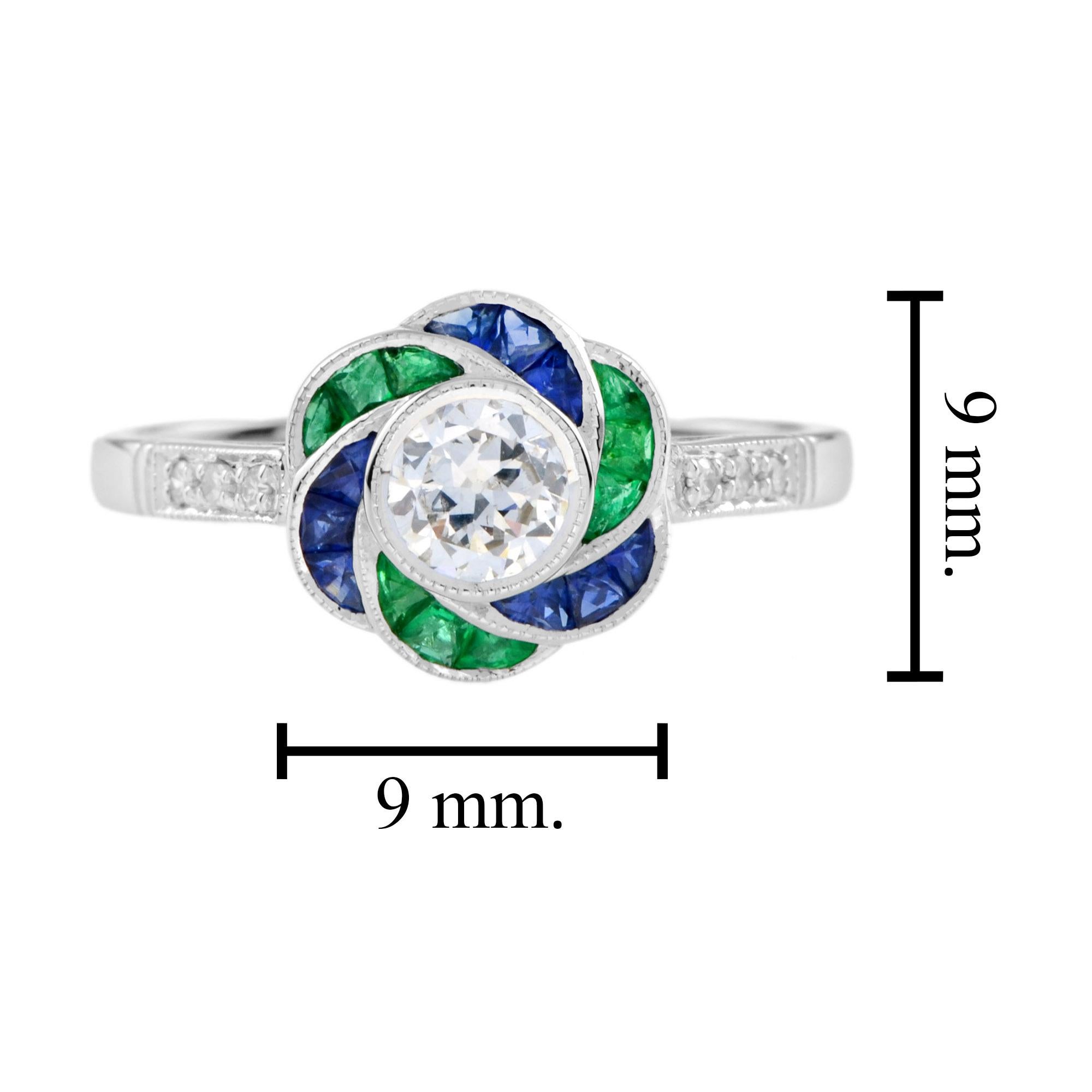 Old European Cut Diamond with Emerald and Sapphire Art Deco Style Rose Flower Ring in 18K Gold For Sale