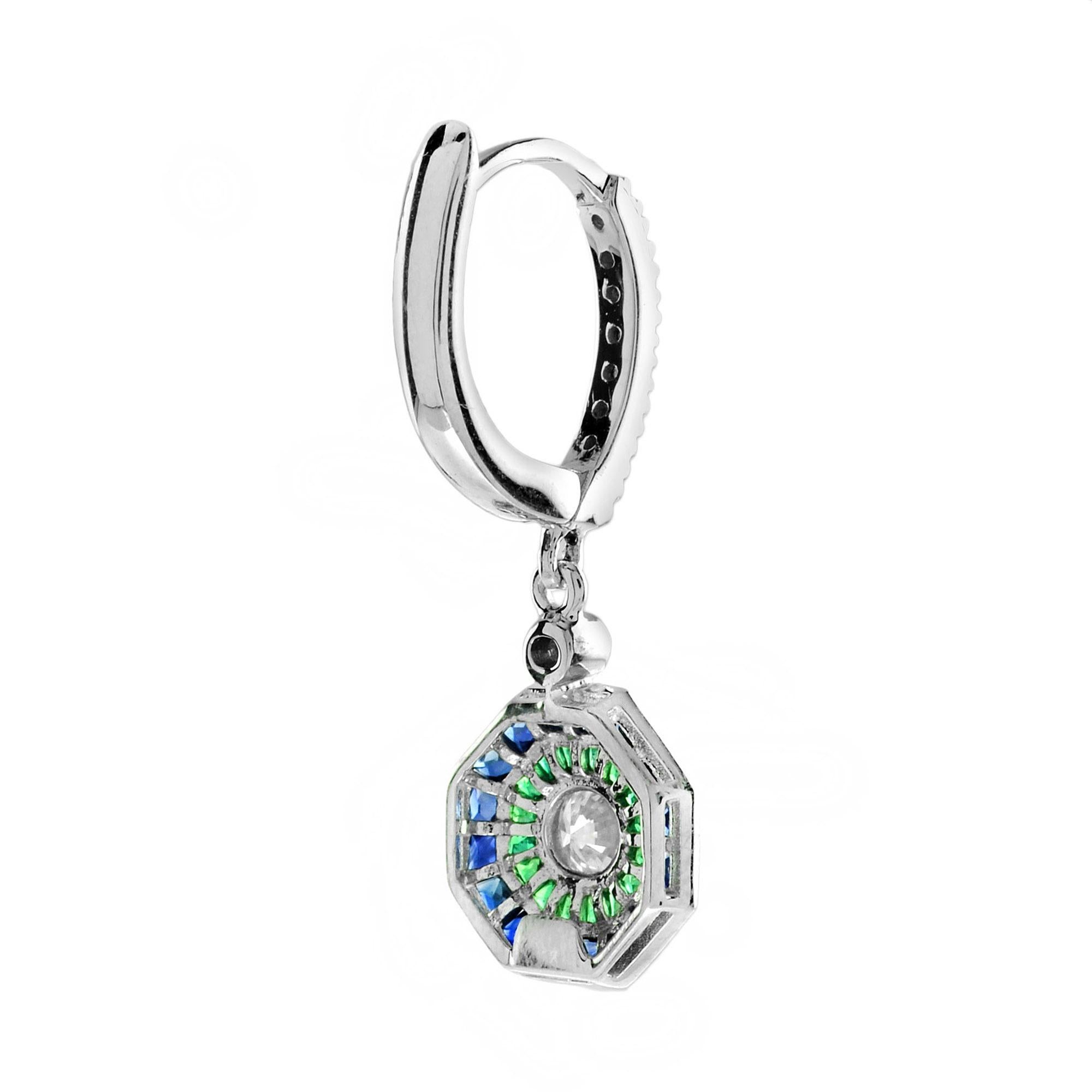Art Deco Diamond with Emerald and Sapphire Double Halo Drop Earrings in 18K Gold For Sale