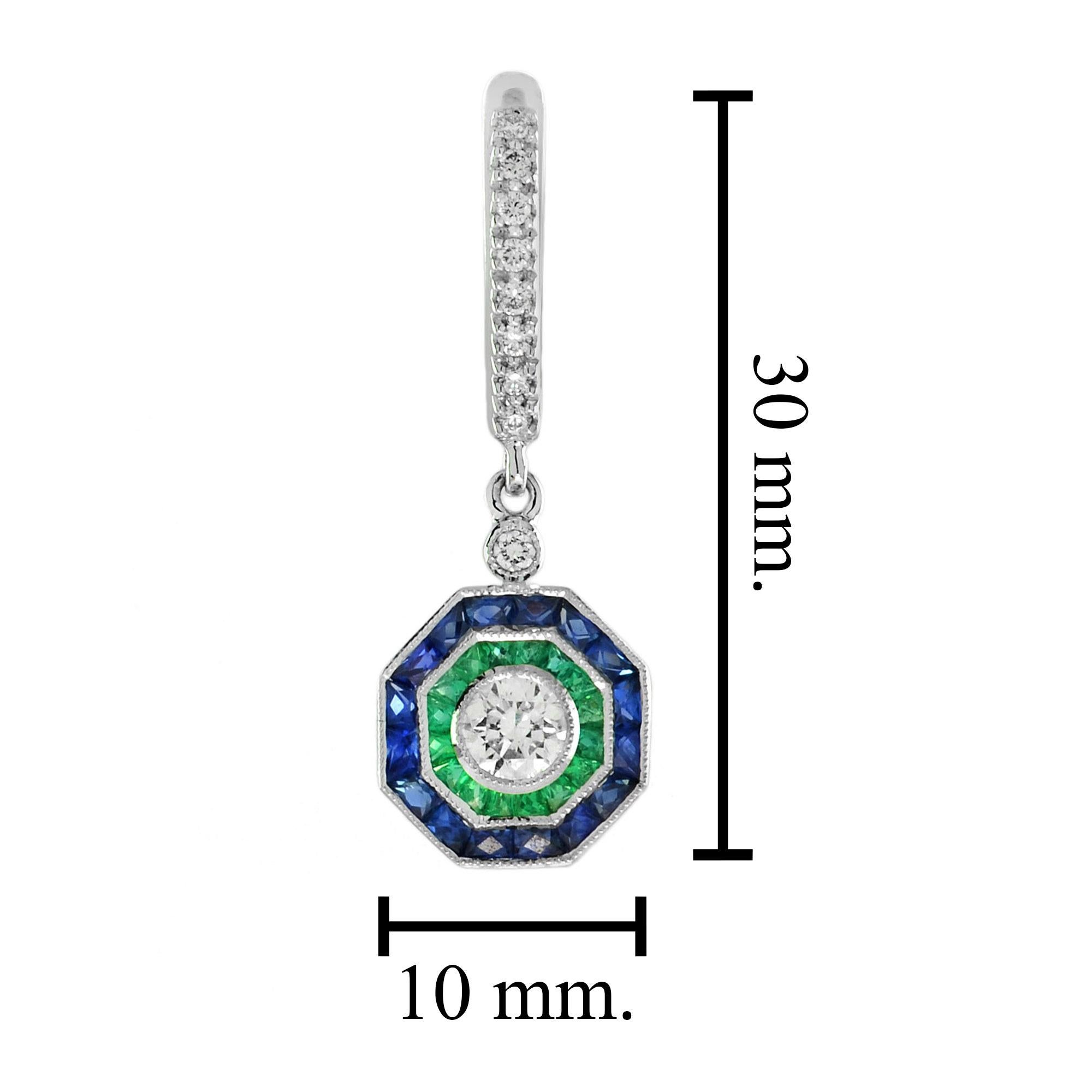 Round Cut Diamond with Emerald and Sapphire Double Halo Drop Earrings in 18K Gold For Sale