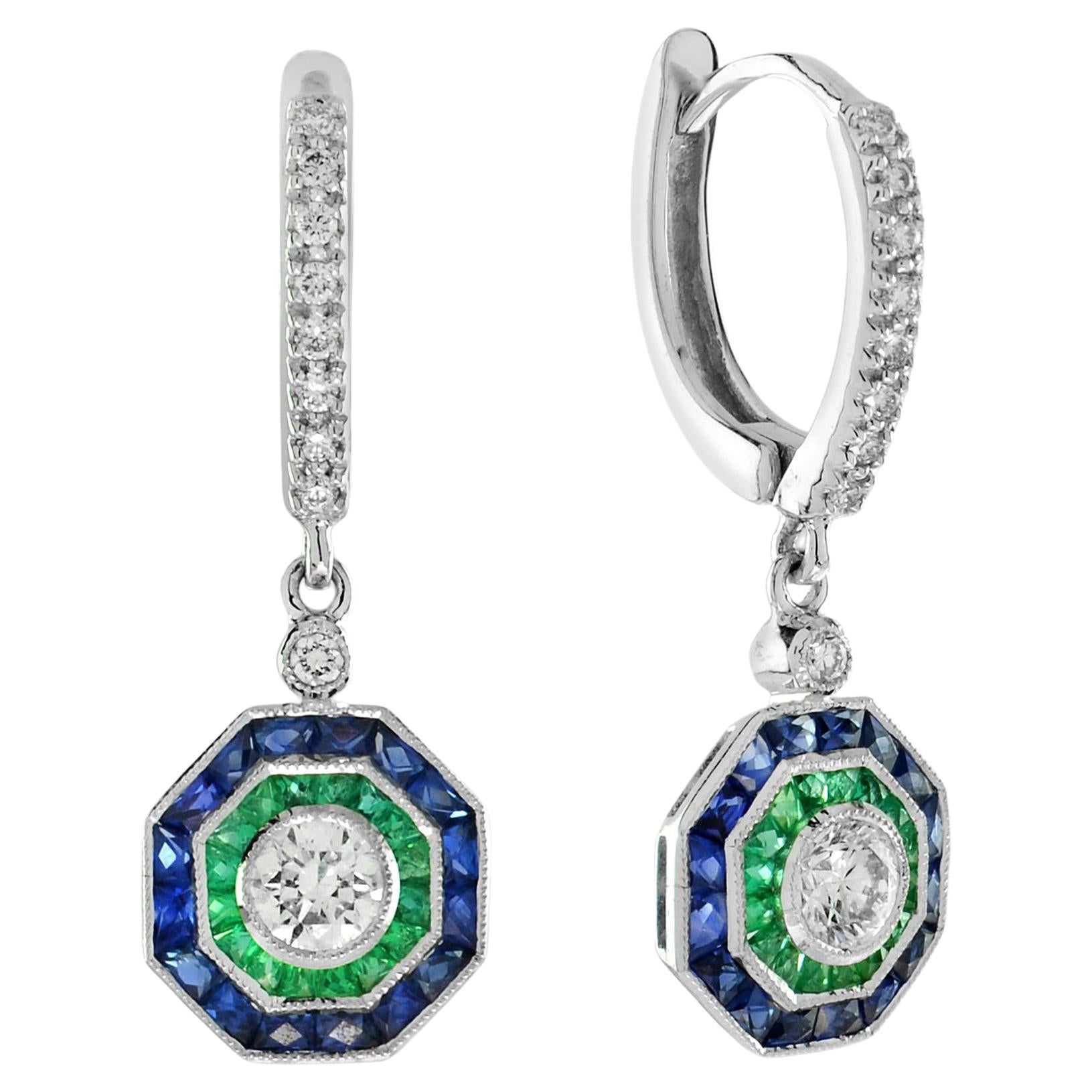 Diamond with Emerald and Sapphire Double Halo Drop Earrings in 18K Gold For Sale