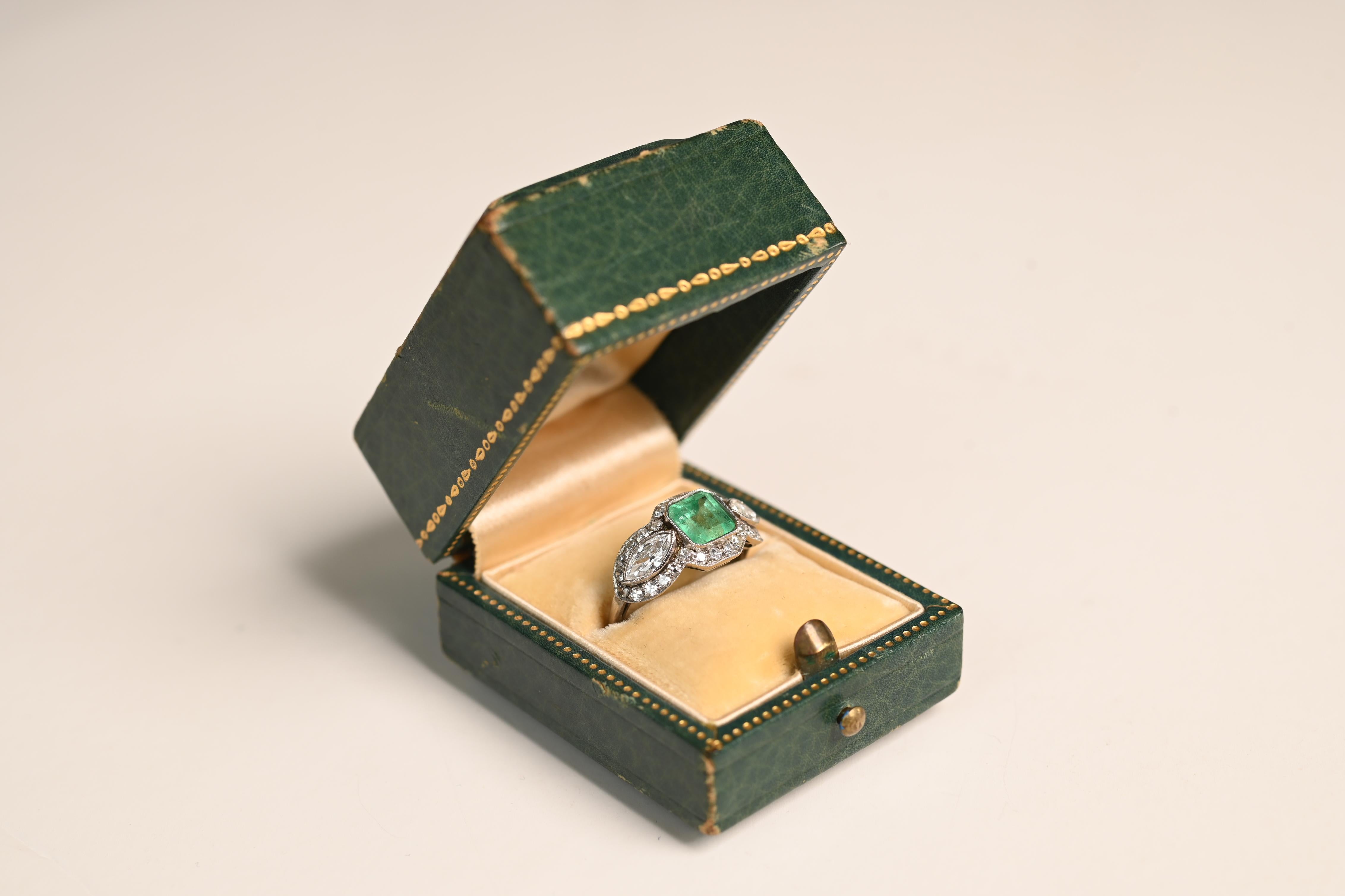 Emerald Cut Diamond With Emerald, Mid-Century Era (Approx. 1-Carats) Halo Ring, Platinum For Sale