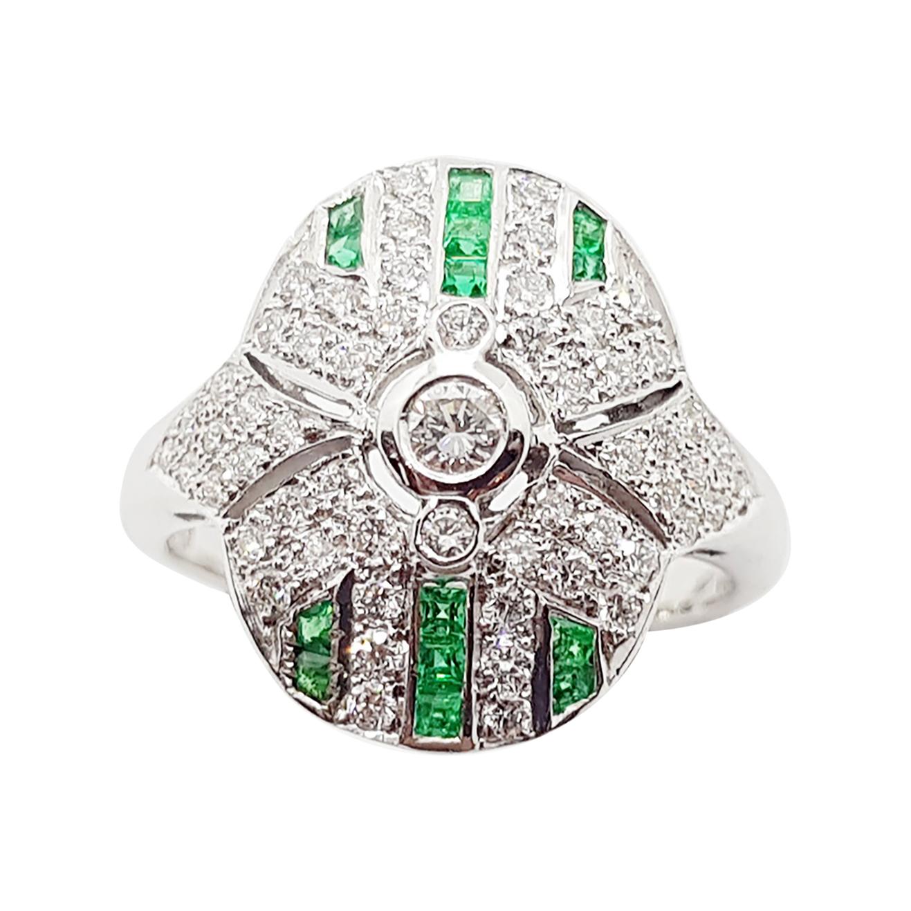 Diamond with Emerald Ring Set in 18 Karat White Gold Settings For Sale