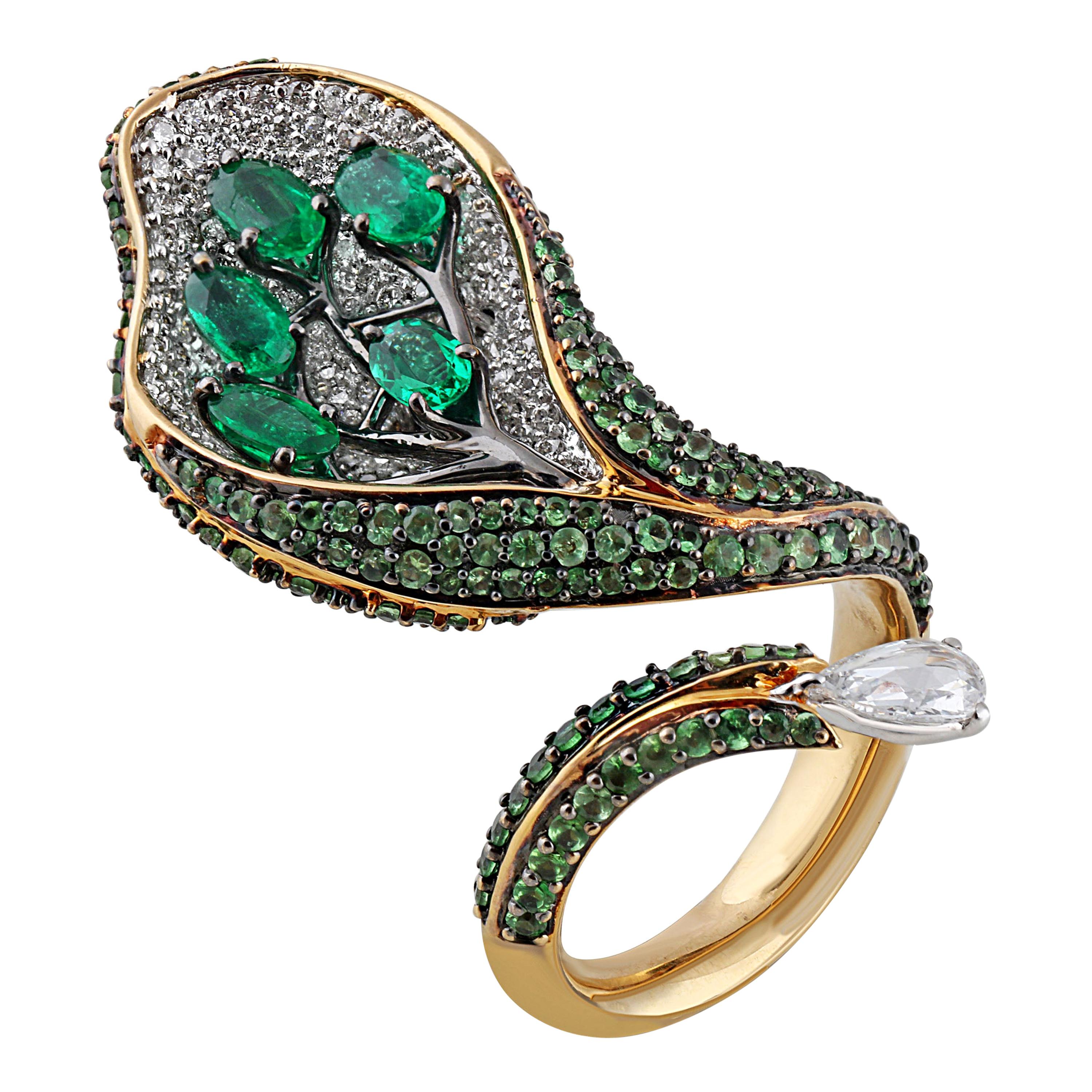 Studio Rêves Diamond with Emeralds and Tsavorites Cocktail Ring in 18 Karat Gold For Sale