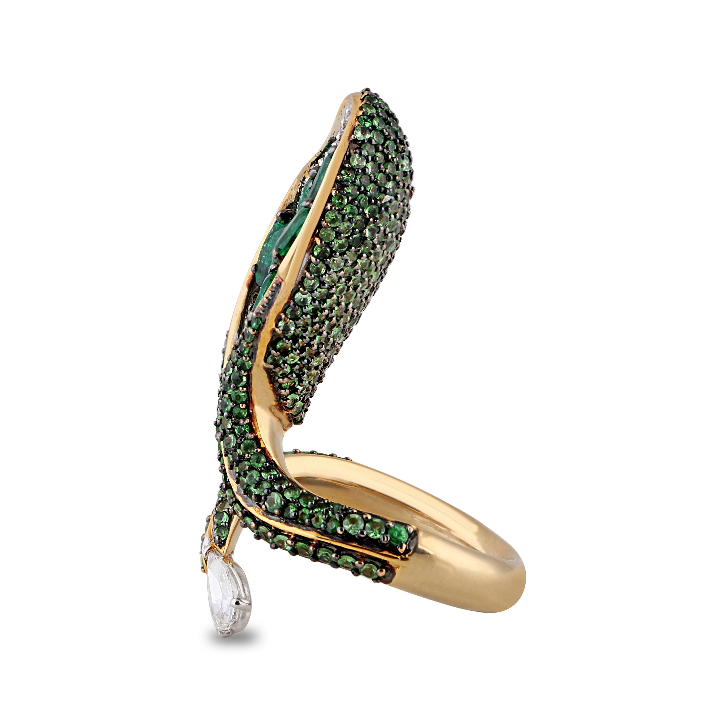 Women's Studio Rêves Diamond with Emeralds and Tsavorites Cocktail Ring in 18 Karat Gold For Sale