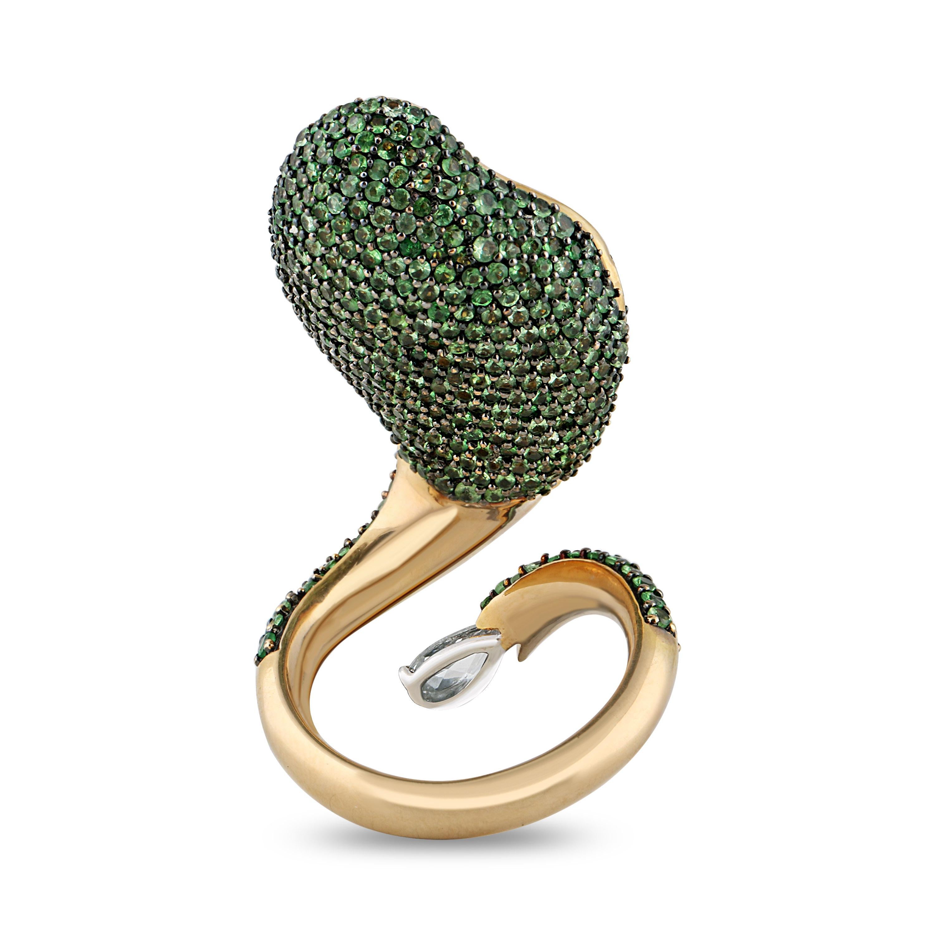 Studio Rêves Diamond with Emeralds and Tsavorites Cocktail Ring in 18 Karat Gold For Sale 1