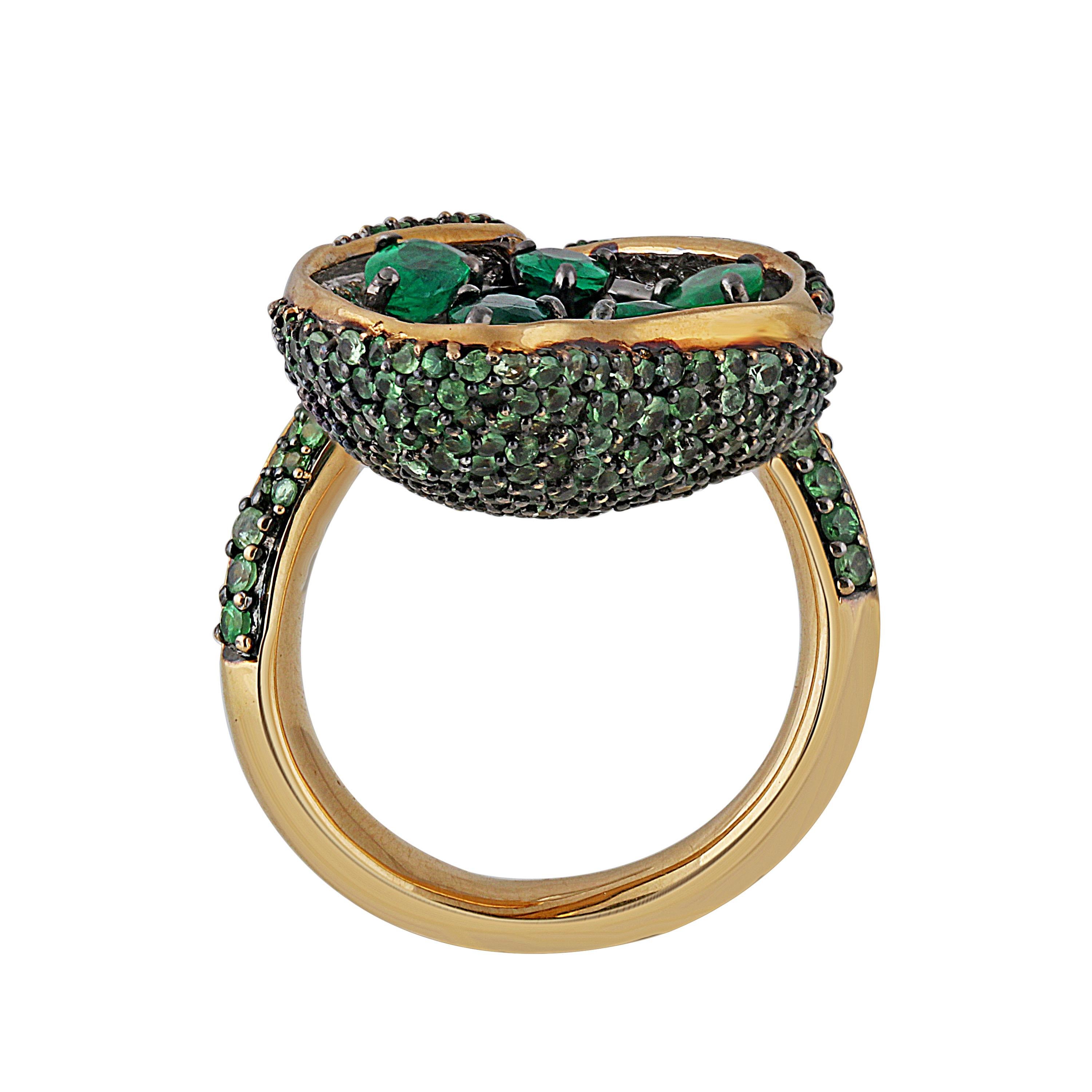 Studio Rêves Diamond with Emeralds and Tsavorites Cocktail Ring in 18 Karat Gold For Sale 2