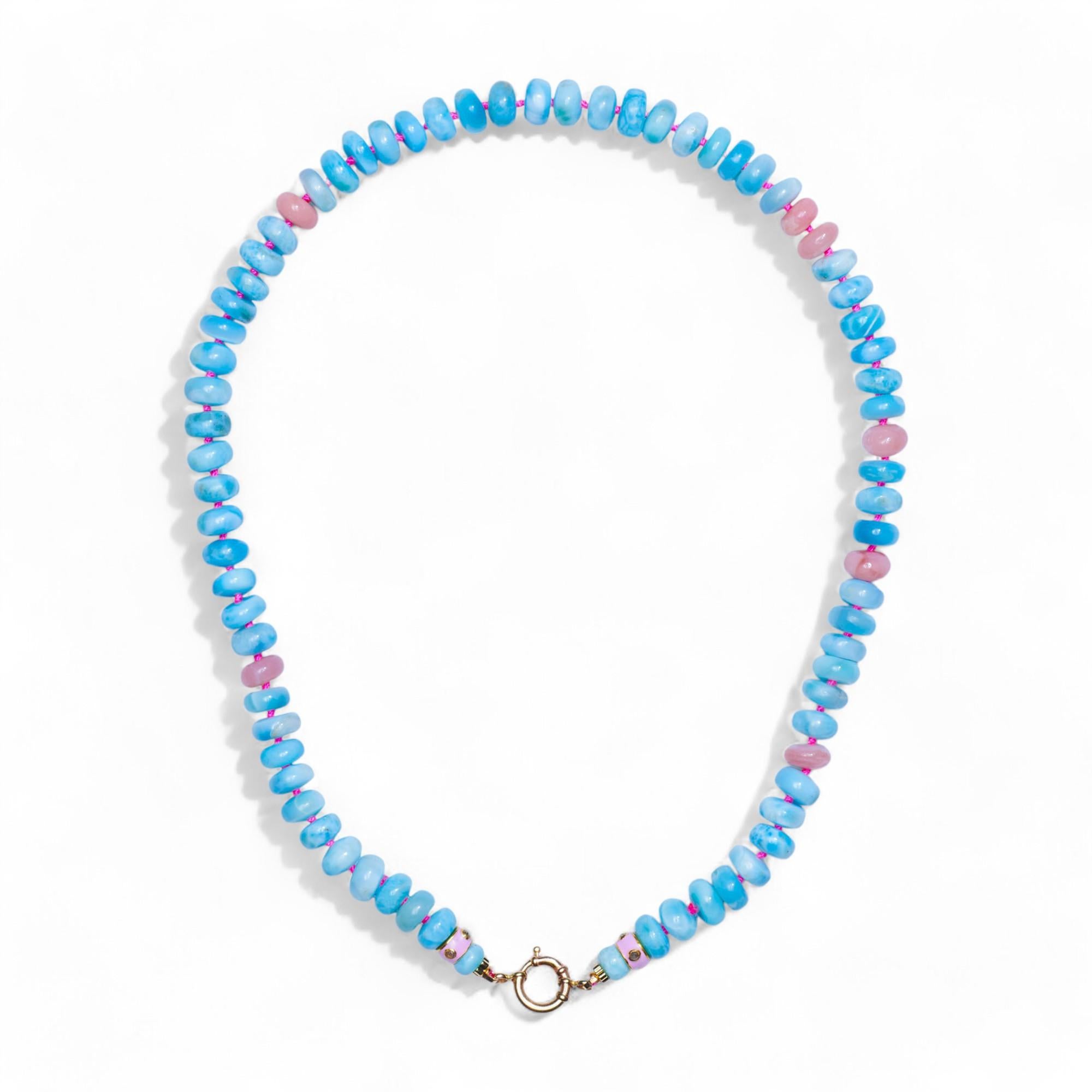Sky blue larimar beaded candy necklace with sparkling natural diamonds crafted from 14k solid gold. Peruvian opals are added for a playfull and feminine effect and are beautyfull baby pink. All beads are carefully selected and methiciously hand