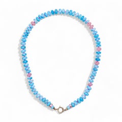 Diamond with Larimar Beaded Pink Opal Necklace in 14K Yellow Gold