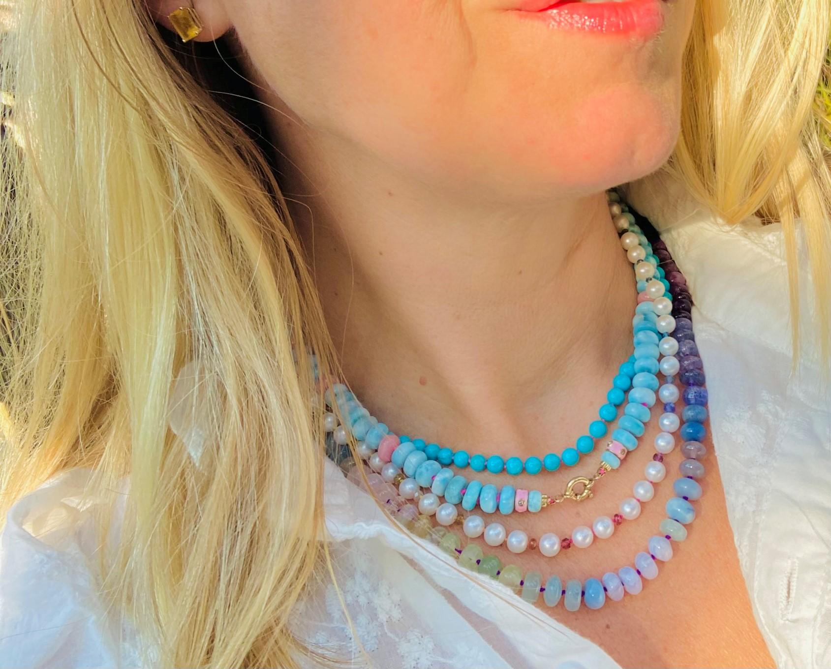 Modern Diamond with Larimar Beaded Pink Opal Necklace in 14K Yellow Gold