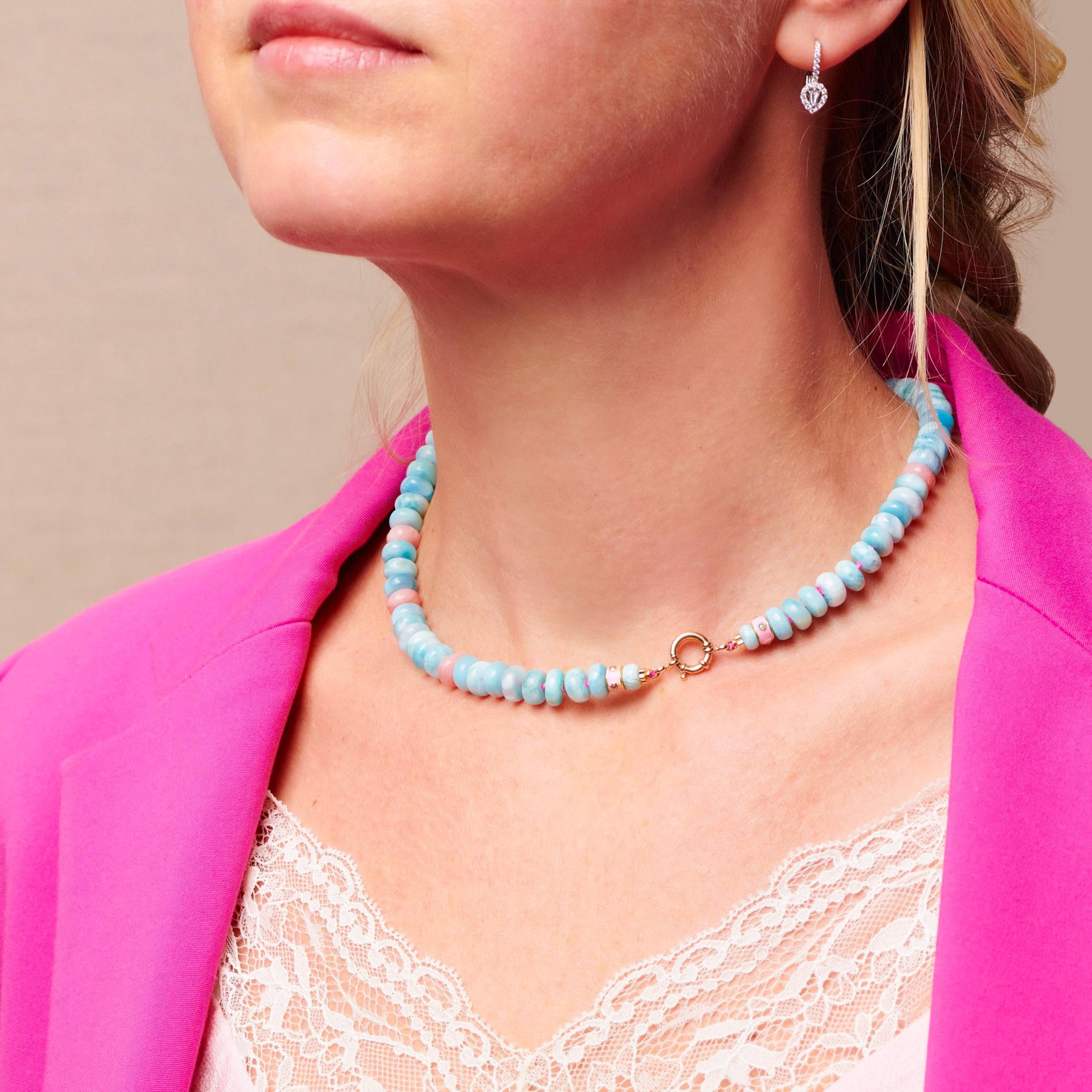 Diamond with Larimar Beaded Pink Opal Necklace in 14K Yellow Gold 1